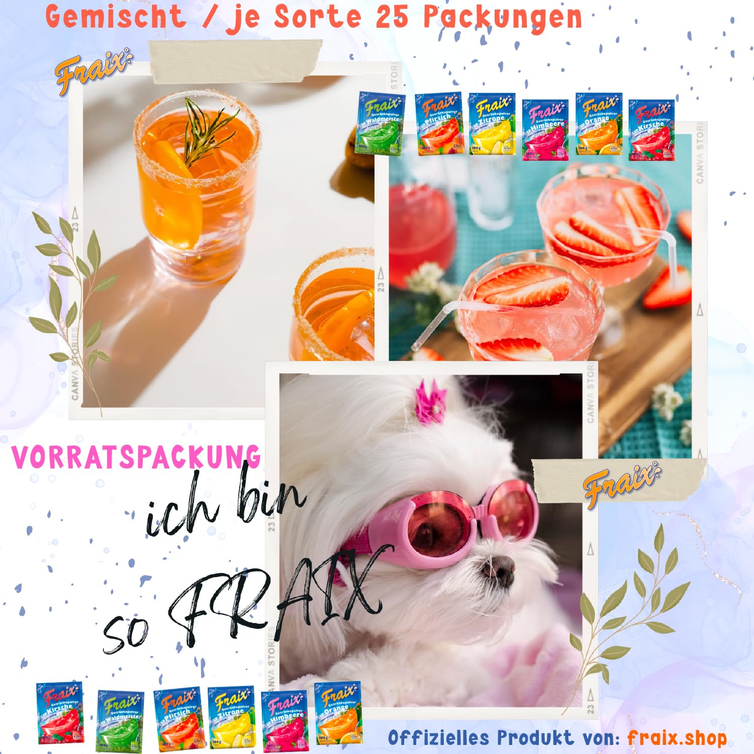 FRAIX Getränkepulver 6 Sorte Mixed Vorteilspack - je 25 Packungen (150er Pack x 100g) 6 Geschmacksrichtungen - Perfekt für Familie, Picknick, Party, Camping, unterwegs