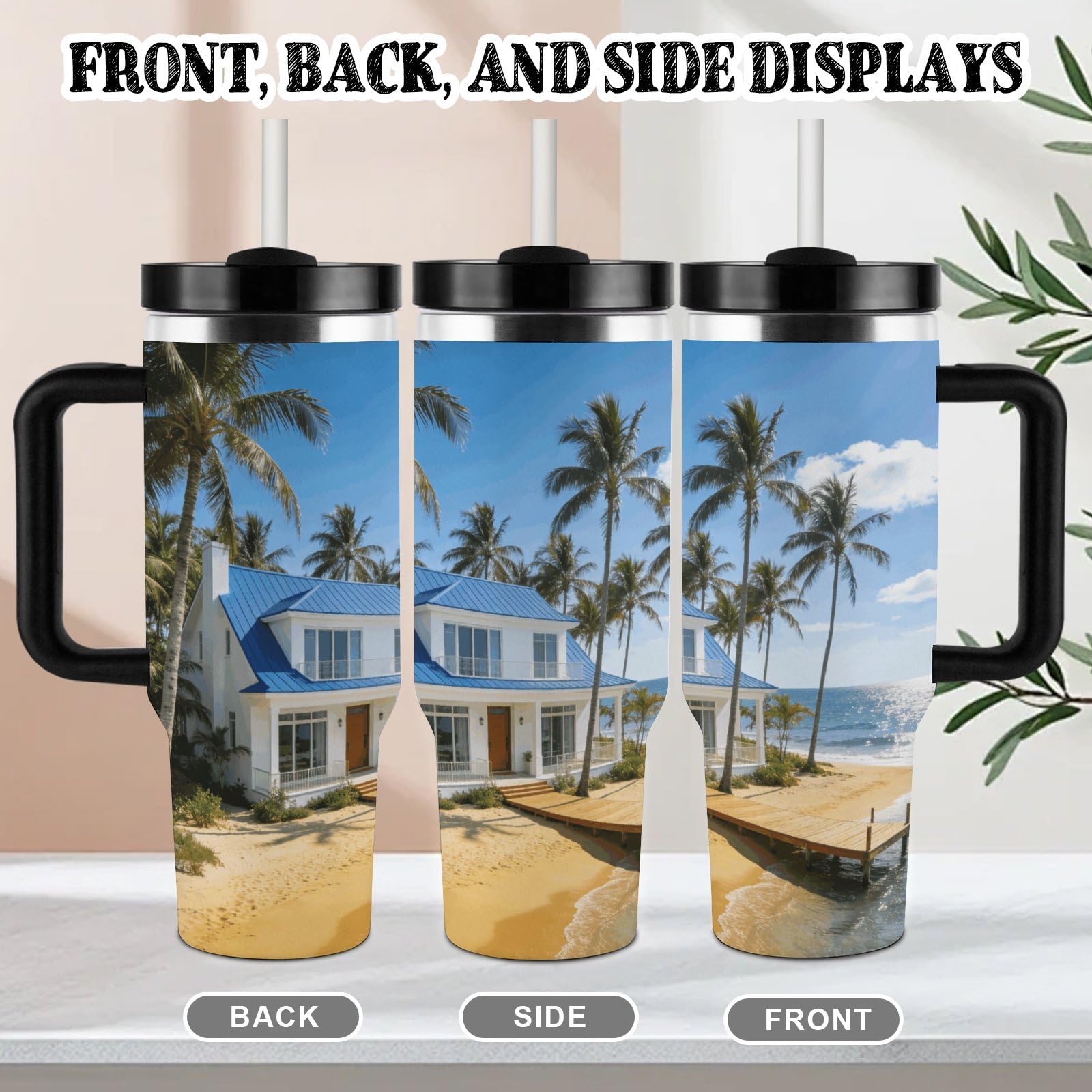 Blue Sea White House - Tazza da caffè da viaggio in acciaio inox, tazza da caffè con coperchio e cannuccia, tazza con manico, grande capacità, doppia parete, sottovuoto, a prova di perdite