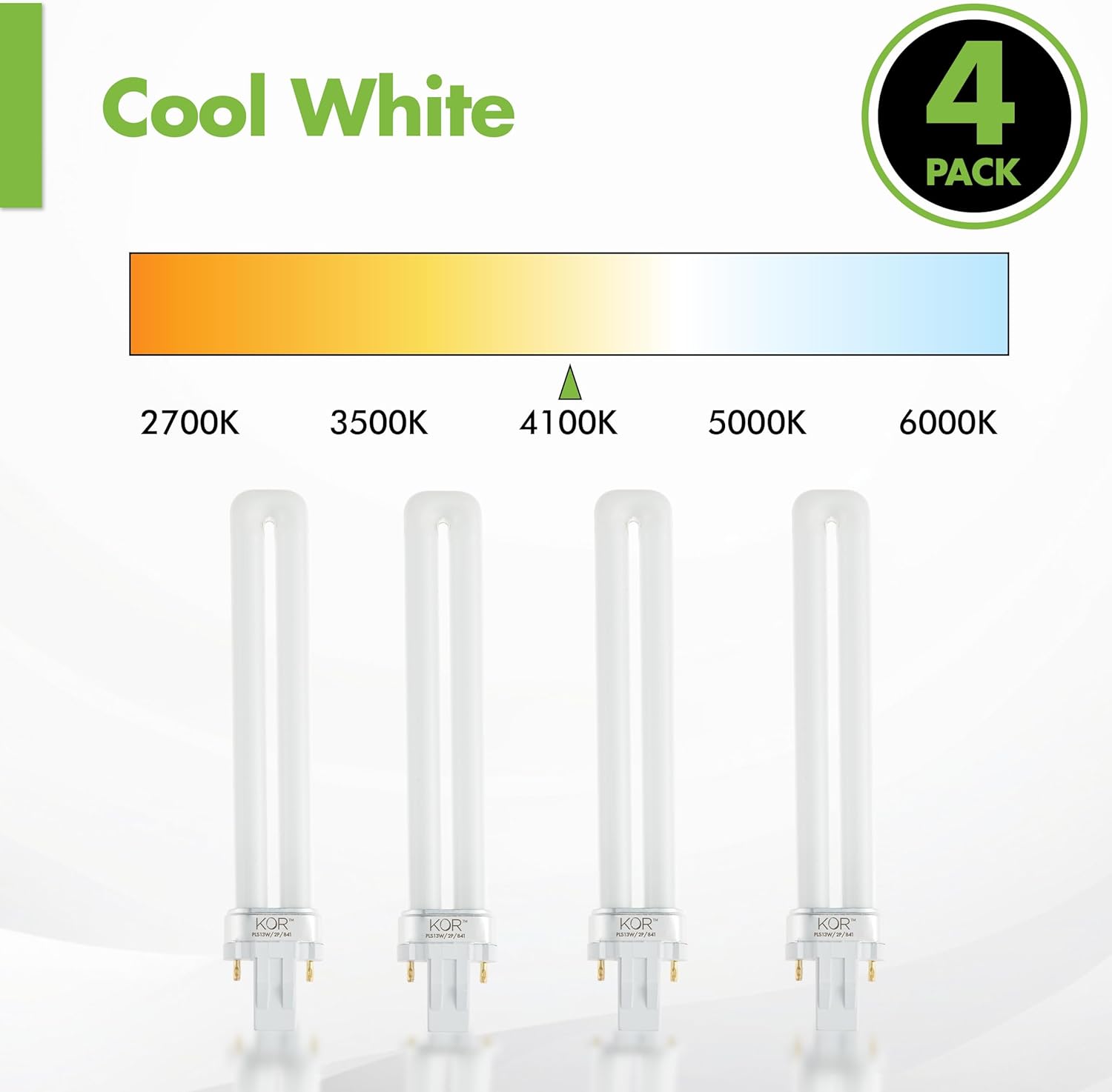 KOR (4 Pack) K22195 - PLS13W/2P/841 - Compact Fluorescent Plug-in - T4 - Single Tube - 13 Watt - 2-Pin (GX23) - 4,100 Kelvin (Cool White)