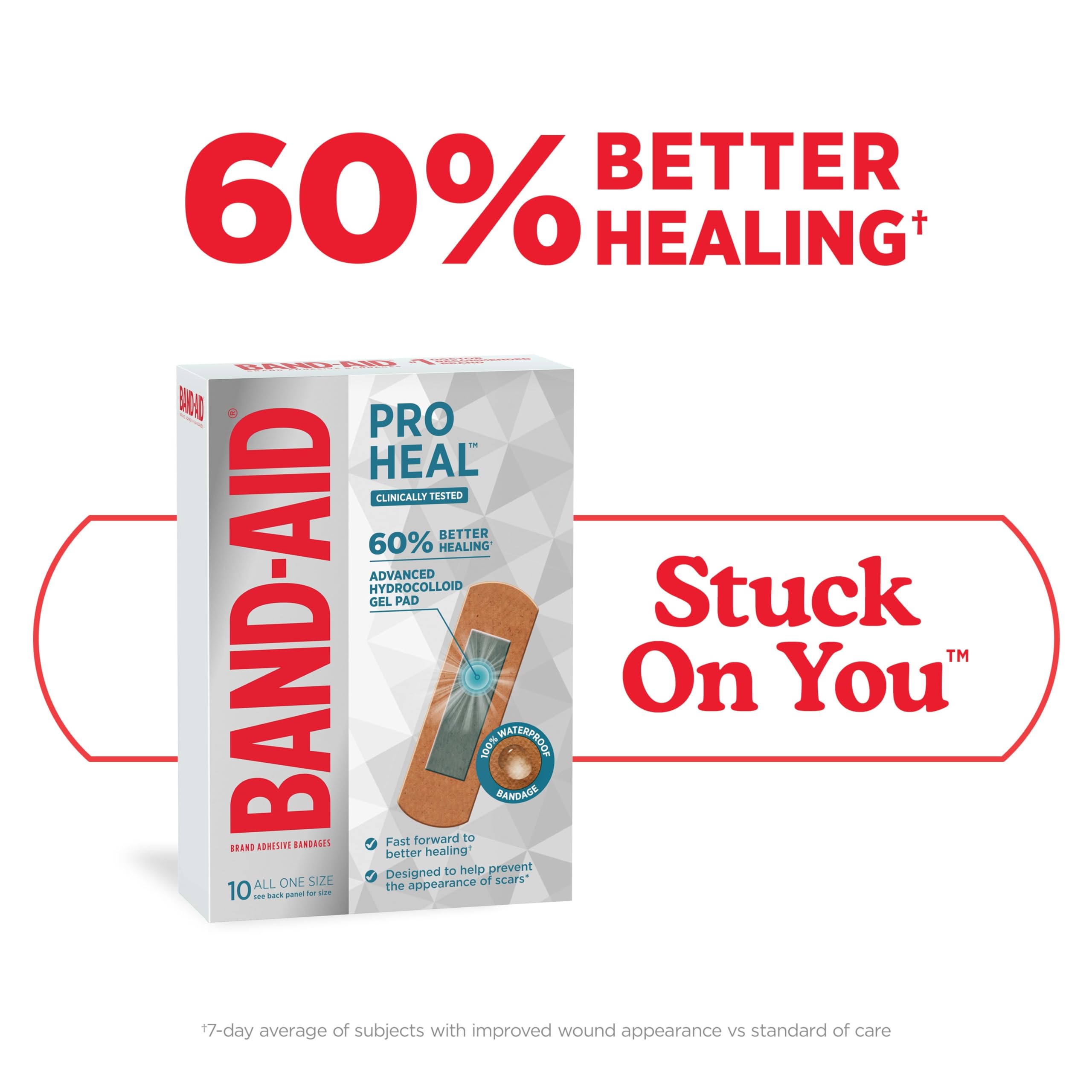 Band-AID Brand Pro Heal bandaże samoprzylepne z podkładką żelową hydrokoloidową, testowane klinicznie, lepsze gojenie drobnych ran, wodoodporne bandaże, kwalifikujące się do FSA/HSA, jeden rozmiar, 10