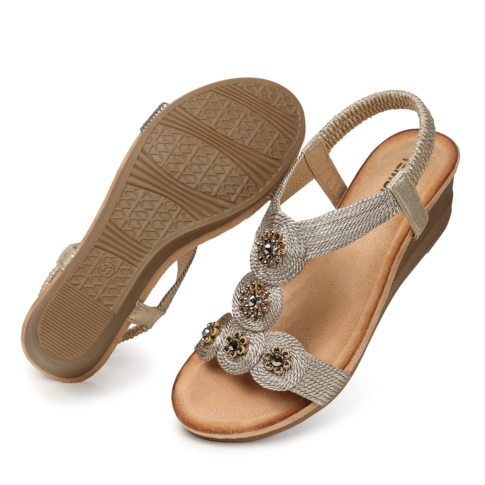 TEMOFONWomens Wedge Dressy Sandals: Elastic Ankle Strap Sandals - Summer Beach Open Toe - Comfortable Walking Sandals Size 5-11