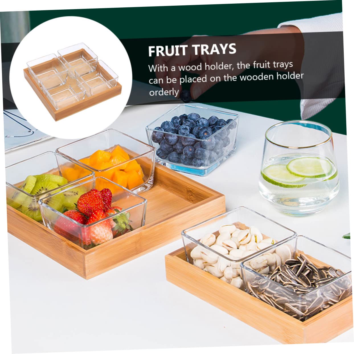 MAGICLULU Unterteilte Glas Obstplatte 1 Satz mit Holzhalter für Nüsse