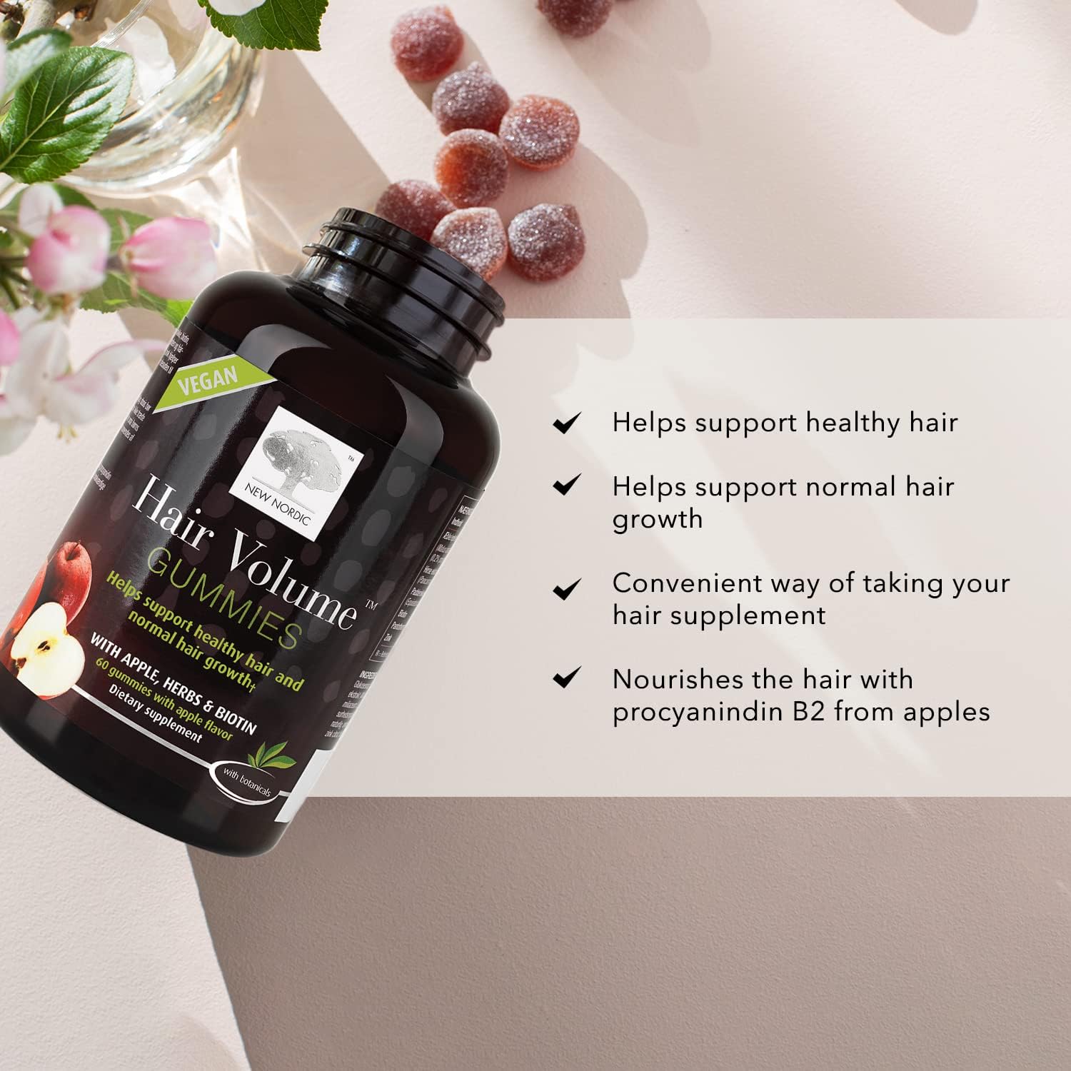 NEW NORDIC Hair Volume Gummies | with Biotin for Healthy Hair Skin & Nails | Swedish Made | 60 Count (Pack of 1) : Health & Household