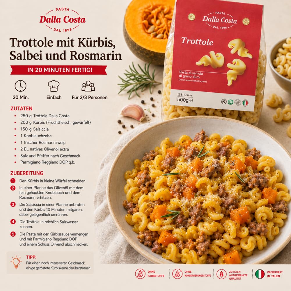 Dalla Costa Hartweizengrieß-Pasta Trottole. Made in Italy. Sparpackung 12x500 Gramm
