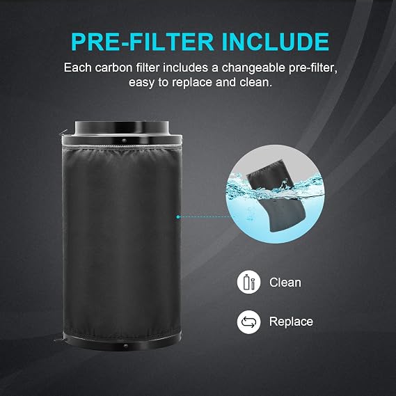HealSmart 4 Inch Air Carbon Filter 4 Premium Australian Virgin Charcoal Smelliness Control, Fit with Inline Duct Fans, Free Pre-Filter, Reversible Flange and Hook for Grow Tents, and Hydroponics