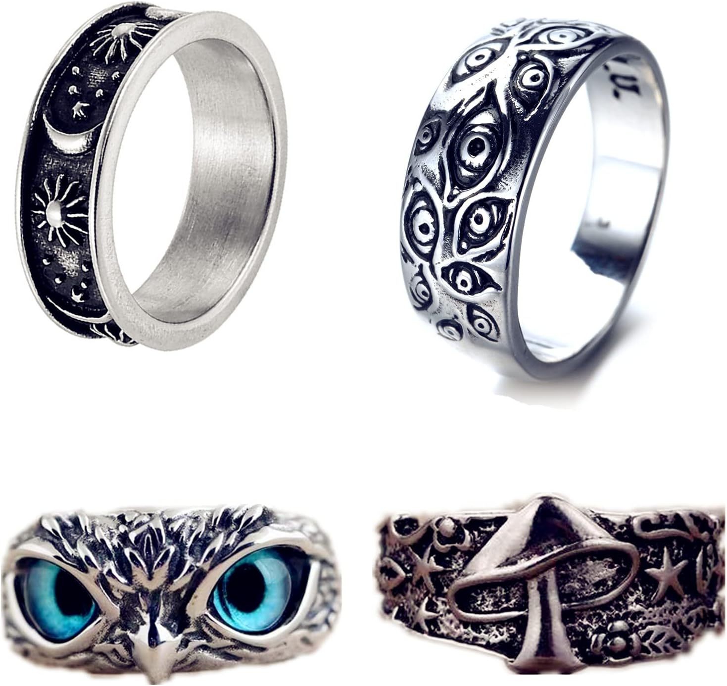 XHBTS 4 Pcs Owl Eye Ring/Evil Eye Ring/Mushroom Star Flower Mystic Ring/Moon Star Sun Statement Rings Cute Animal Open Rings Pack for Men Women