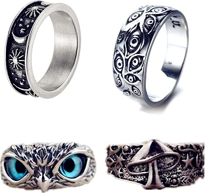 4 Pcs Owl Eye, Evil Eye, Mushroom Star Flower Mystic Rings - Moon Star Sun Statement Rings Pack for Men & Women