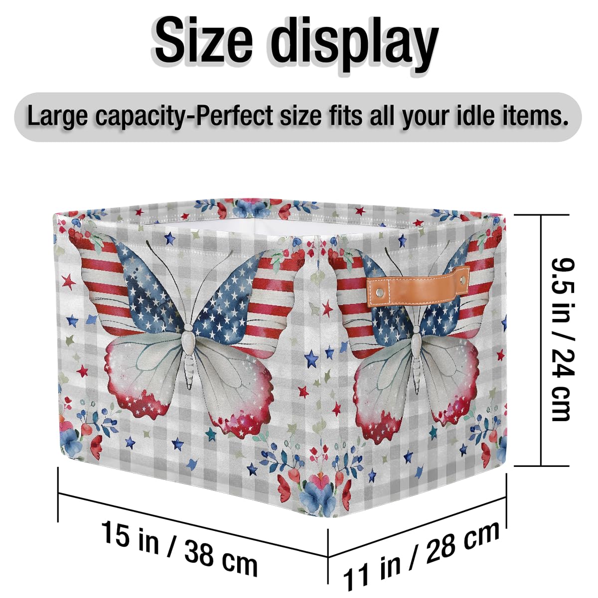 Mexpekil Cesta de almacenamiento plegable con patrón de mariposas rojas y azules con diseño de bandera de Estados Unidos, caja de almacenamiento de juguetes para niños, organizador de tela para