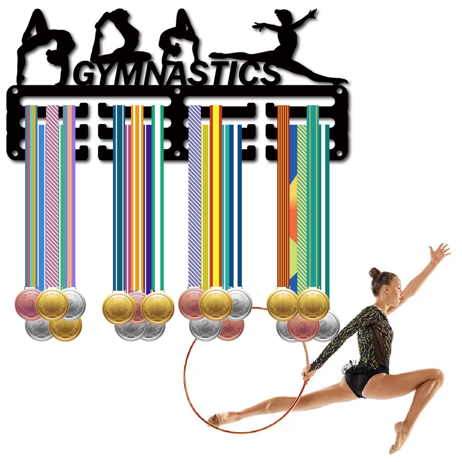 CREATCABIN Soporte Medallas Gimnasia Colgador Medallas Premios Pequeños Colgar En Pared Decoración Habitación Exhibición del Hogar Diseño 3 línea Capacidad Más 40 medallas Regalo 29x13 cm Negro