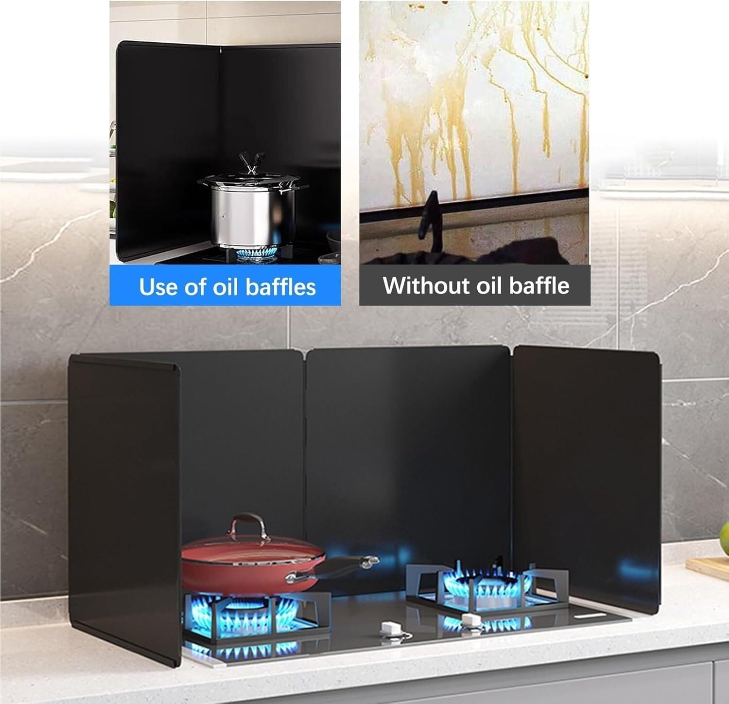 Stainless Steel Splatter Guard - Foldable Oil Splash Protector for Cooking, Backsplash for Stove Frying Pan, Nonstick Kitchen Safety