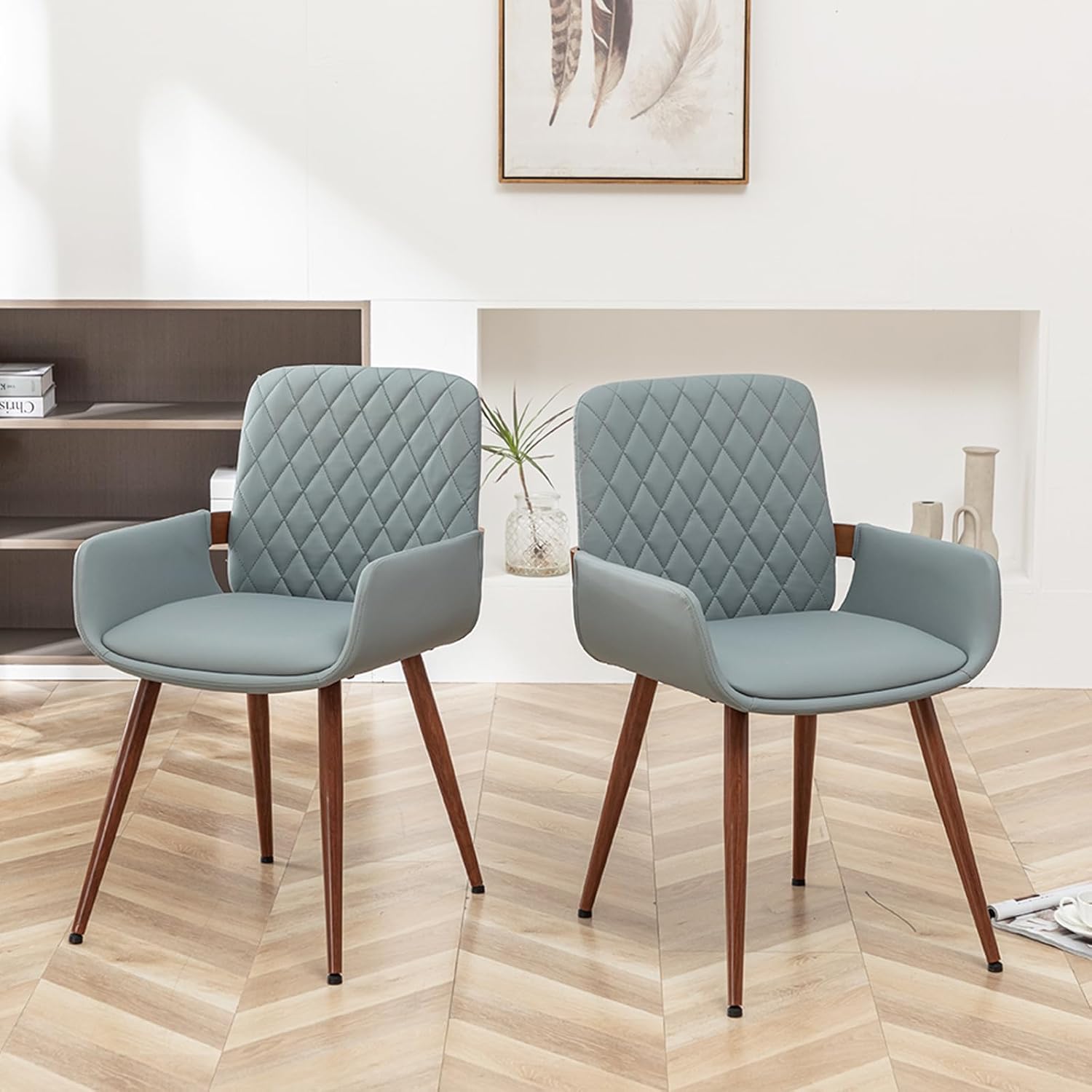 Blue Upholstered Dining Chairs with Metal Legs, Set of 2