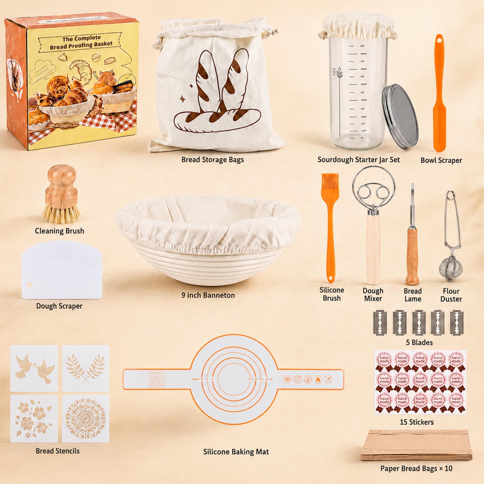 Carehabi Set de cesta de fermentación XXL y juego de iniciación de masa madre – 2 cestas de fermentación (redondas 23 cm y ovaladas de 25 cm), cristal de fermentación con termómetro, raspador de masa