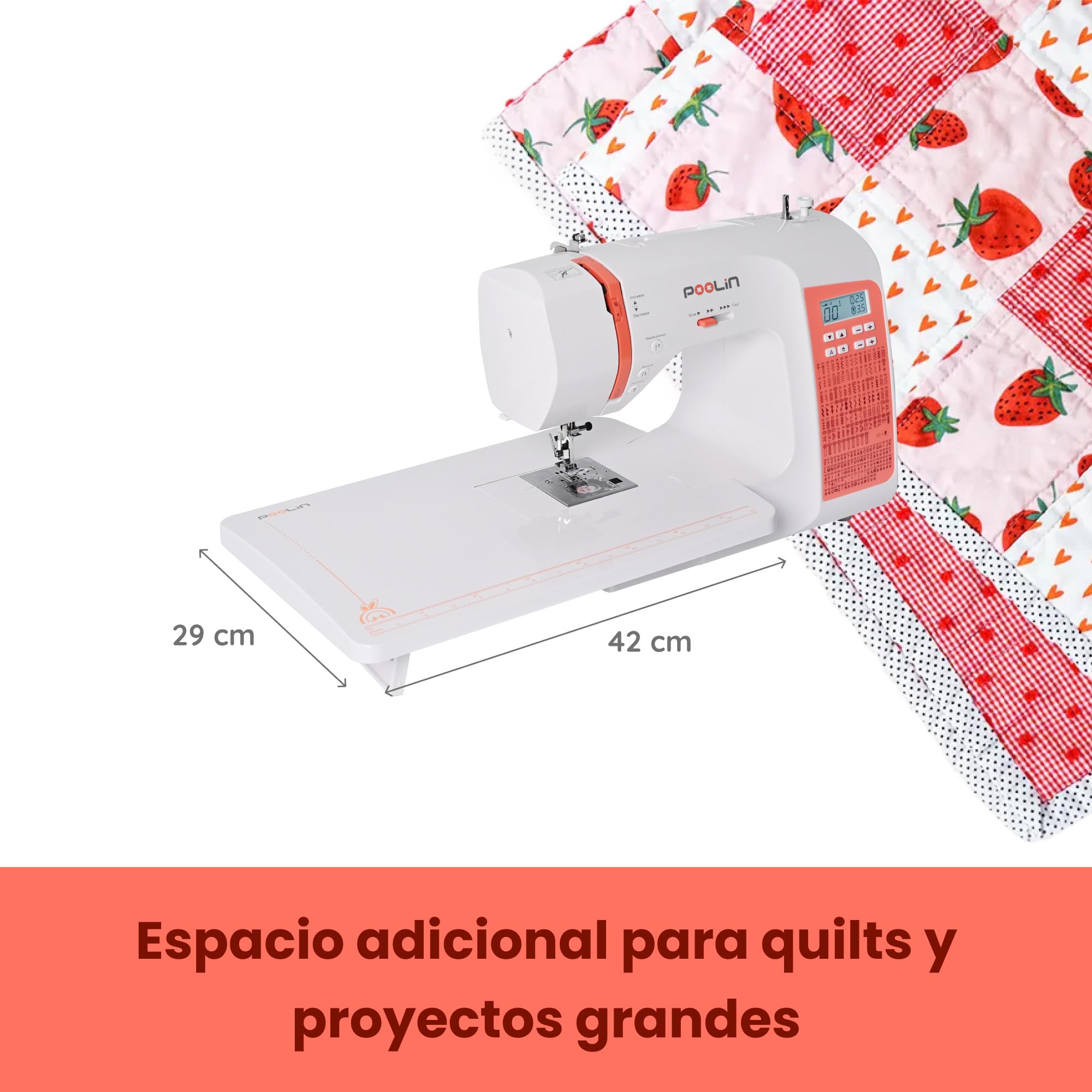 PooLin Máquina de Coser Computarizada Poolin EOC02, completa, con pantalla LCD, mesa amplia, ojales automáticos en 1 paso, enhebrador automático, 7 prensatelas, portátil e ideal para principiantes y u