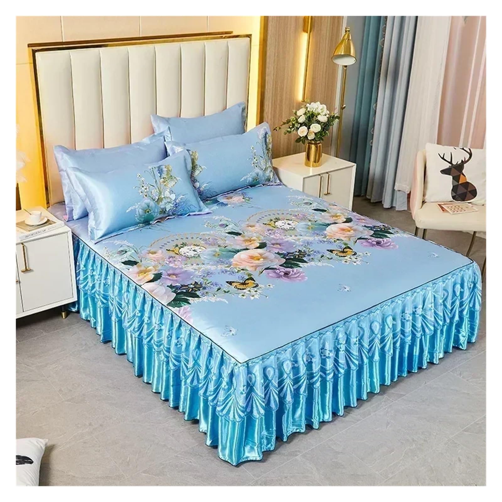Bedding Set Folding Embroidered Sheets Bedding Bed Skirt King Queen Size Bed Sheet Set with Pillowcases(Color 4,3 pcs 180x200cm)