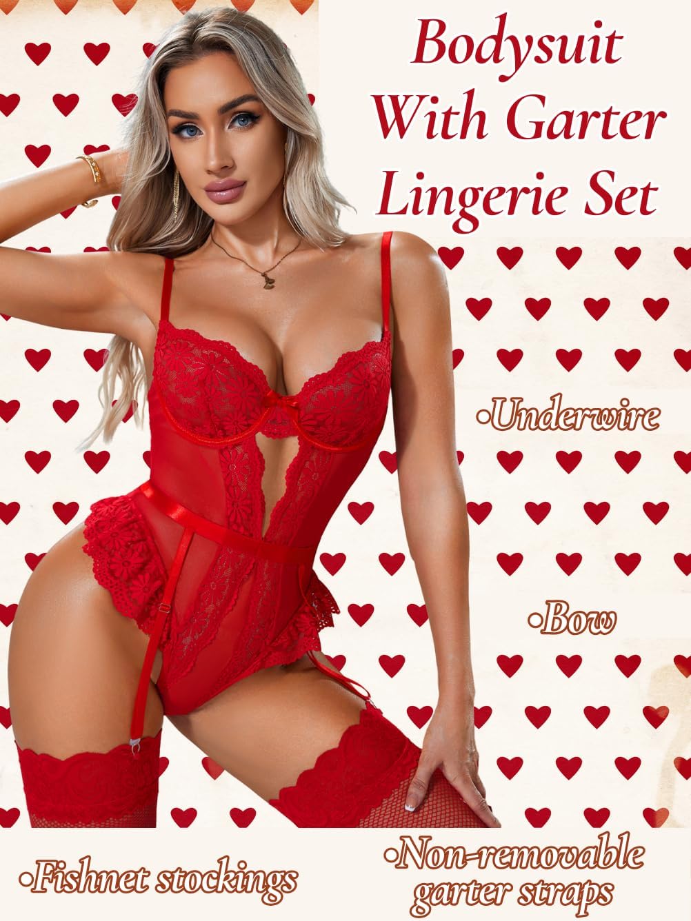 ChiaoLezhee Women's Bodysuit Lingerie Set with Stockings, Corset Teddy Garter Lingeries, Cheeky Cutout Daisy Floral Lace
