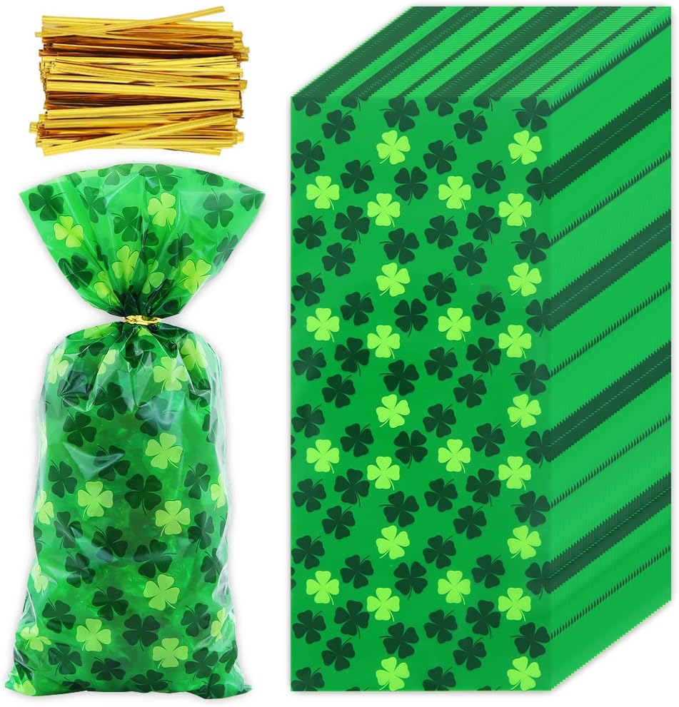 Boerni St. Patrick's Day Four-leaf clover Irish Lucky Shamrock Cellophane Plastic Candy Cookie Treat Goodies Gift Bags 100pcs And Gold Twist Ties for Saint Patrick's Day Party Favor Supplies