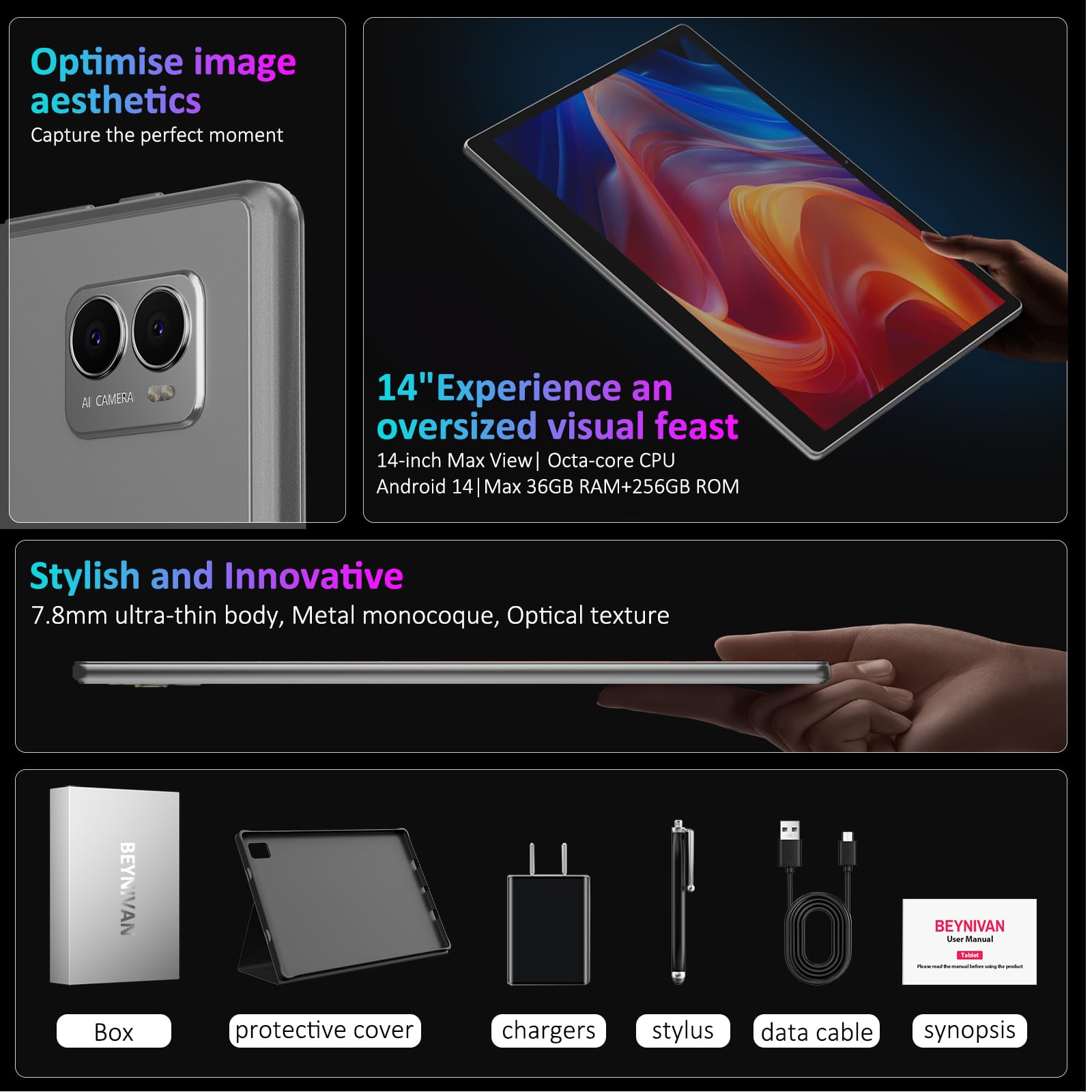 Tablet 14 Pulgadas Android 15 Tableta 5G WiFi,11580mAh y 20W,36GB RAM+256GB ROM/2000 * 1200 incell FHD/Face ID/GPS/BT 5.0/TÜV/USB-C,Tablet con Lapiz,Gris