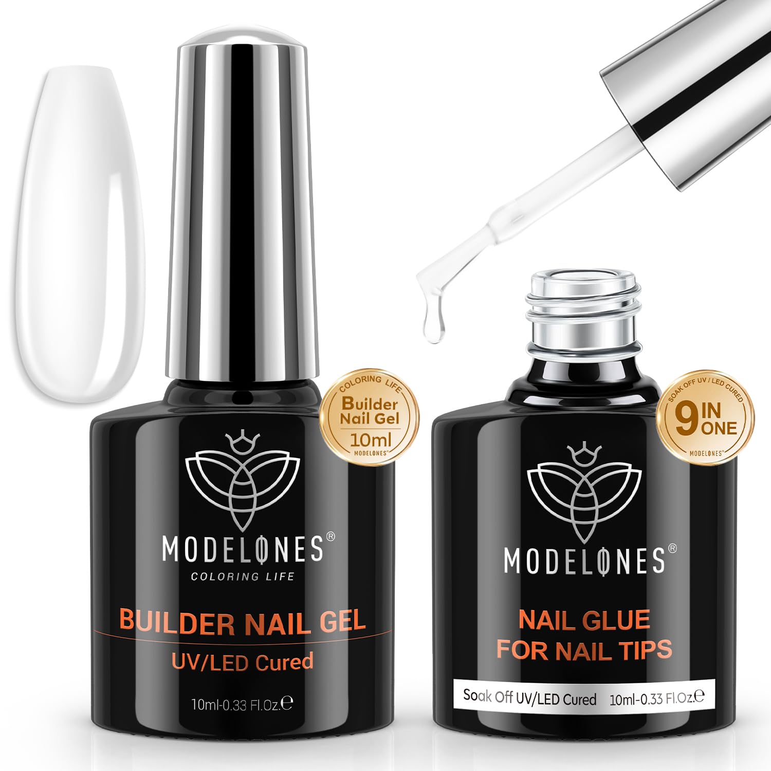 modelones 9 in One Nail Glue Base Coat & Builder Nail Gel Set 2pcs Gel Nail Kit for Nail Tips Nail Thickening Apex Building Nail Extension Rhinestone Gel Nail Glue Lamp Cured 10ml