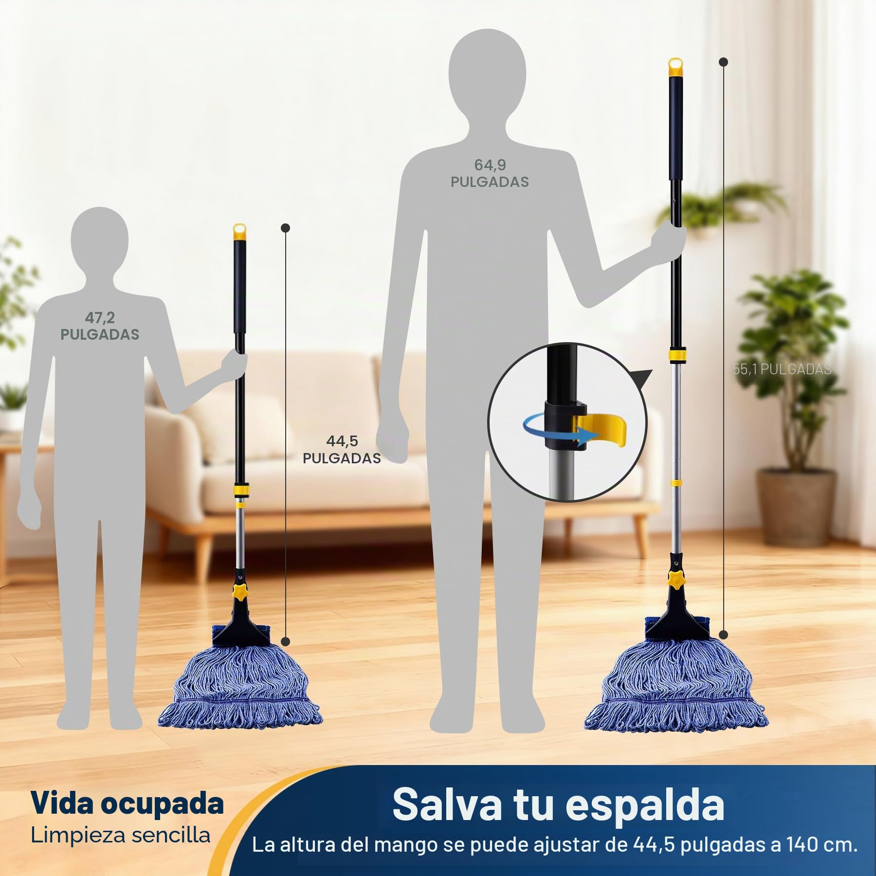 Yocada Fregona de algodón, Resistente, con Extremos en Bucle, para Limpieza húmeda de Suelos, de Grado Industrial, con Palo de Hierro y Abrazadera de mandíbula, 132 cm de Largo | Abrazadera telescópica de hierro de grado industrial comercial para limpieza