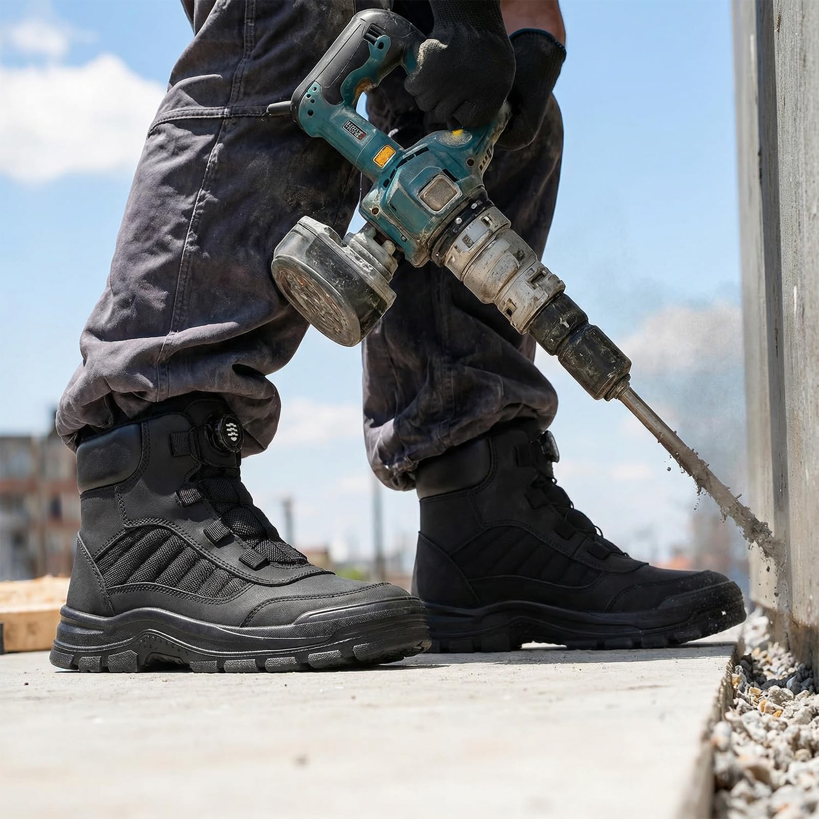 ANGRYRAM Zapatillas de seguridad para hombres y mujeres, ligeras, indestructibles, con puntera de acero, antideslizantes, a prueba de pinchazos, botas de trabajo con hebilla giratoria