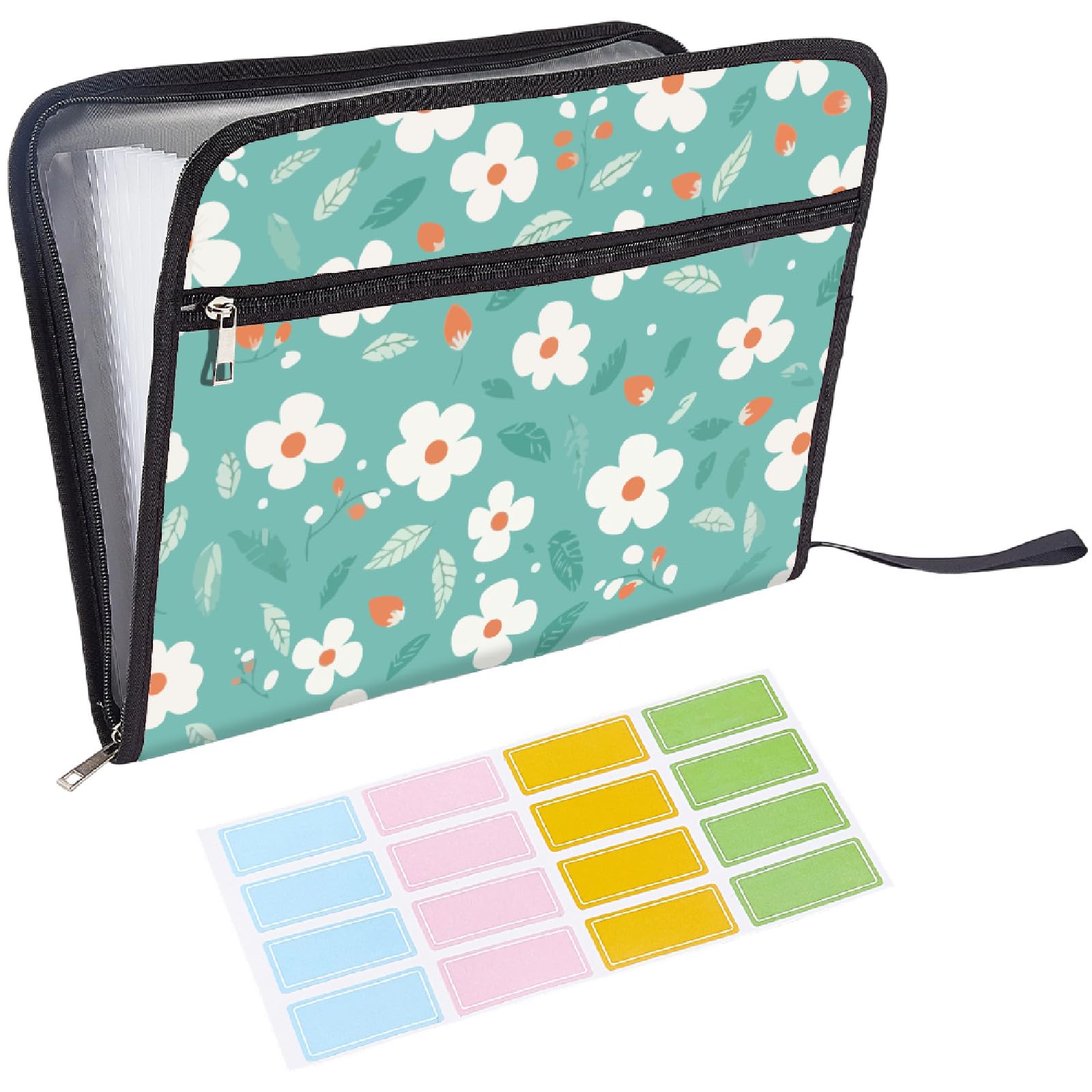 CRASPIRE Cartella Portadocumenti Espandibile con 13 Tasca Formato Lettera A4 con Cerniera Organizer per Documenti A Fisarmonica A Forma di Fiore Verde con Etichette Adesive Espandibile per Casa