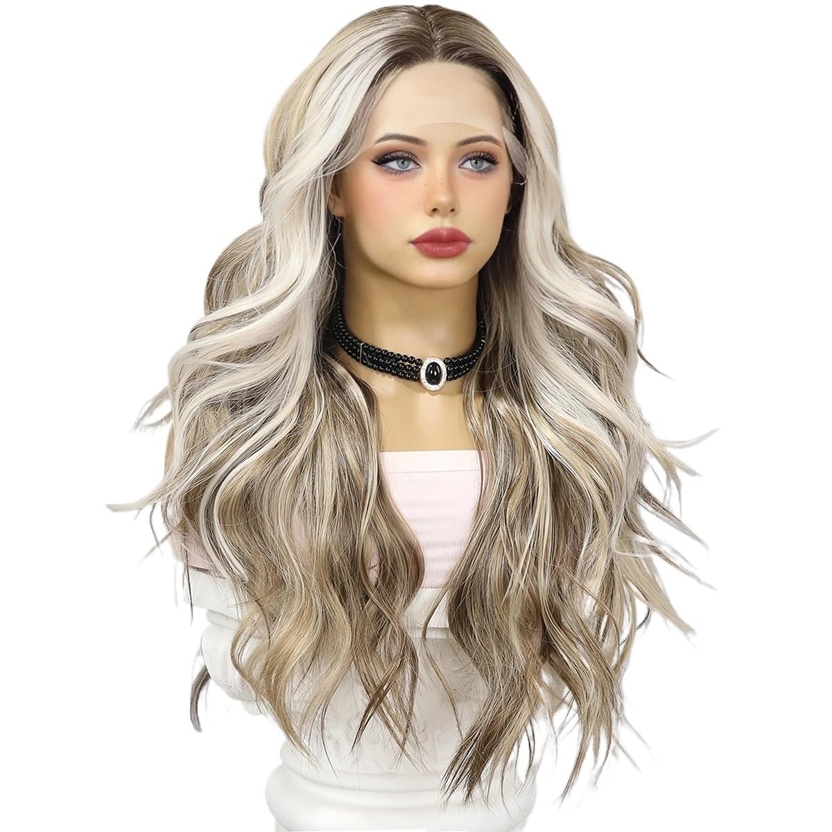 Parrucche Parrucca da donna for feste in pizzo fatta a mano grigia Colore sfumato Capelli ricci a onda grande quotidiana