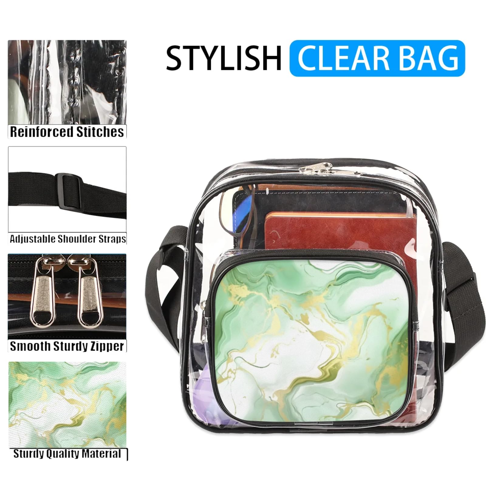 Clear Crossbody Bag Stadium Approved Abstract Green Transparent Bag for Festivals, Sports Events, Concerts,Beach Bag for Women Men Luxury Abstract Fluid Clear Purse with Front Pocket Messenger Bag
