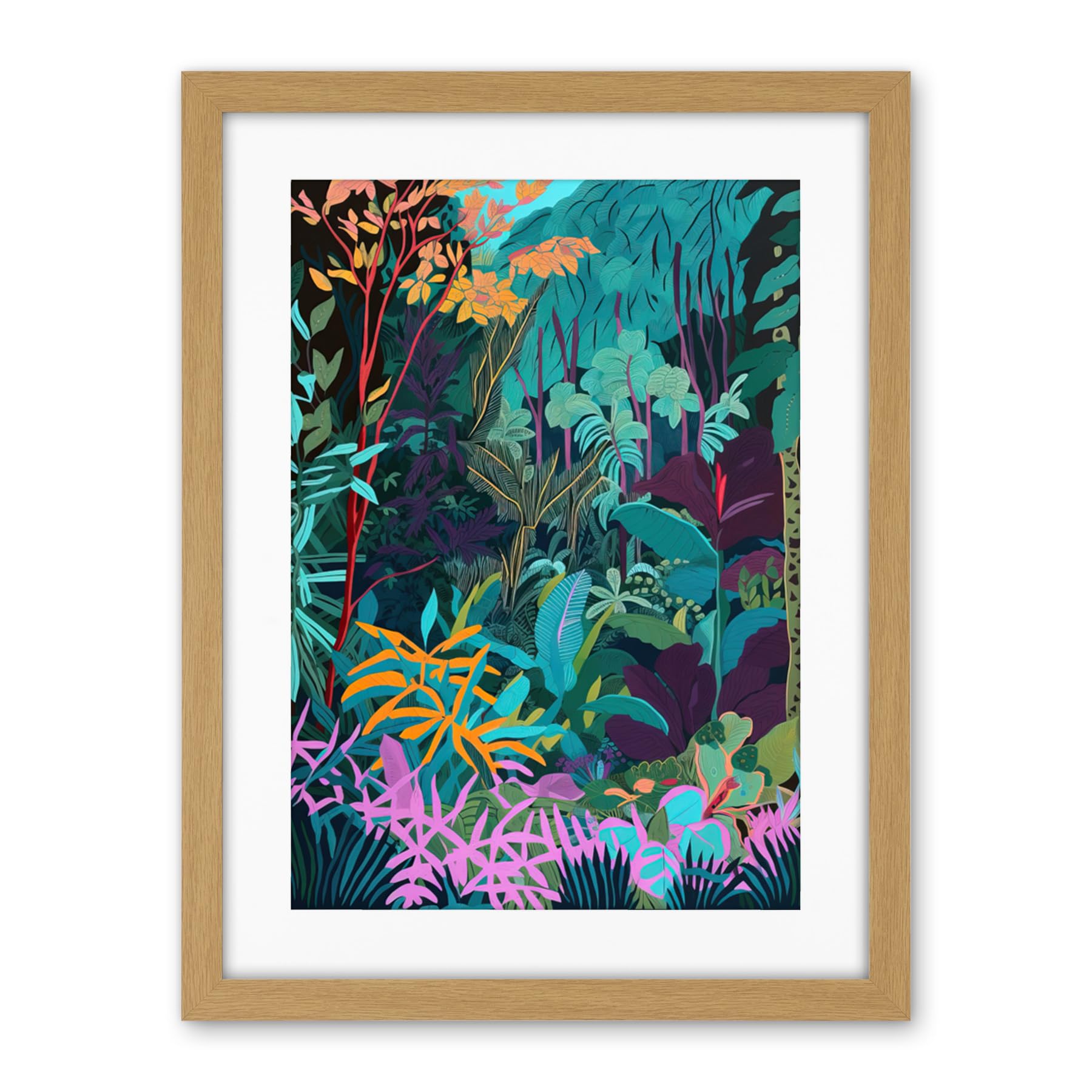 Artery8 Tropical Jungle Forest Vibrant Colour Illustration Artwork Framed Wall Art Print 18X24 Inch