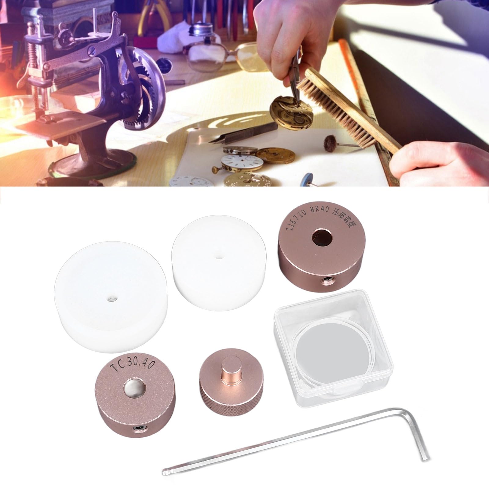 Juego de prensa para relojes, 5 tamaños, kit de reparación profesional, herramienta de prensa para caja trasera de reloj con 5 matrices para cerrar cajas de reloj a presión, material ABS y metal por
