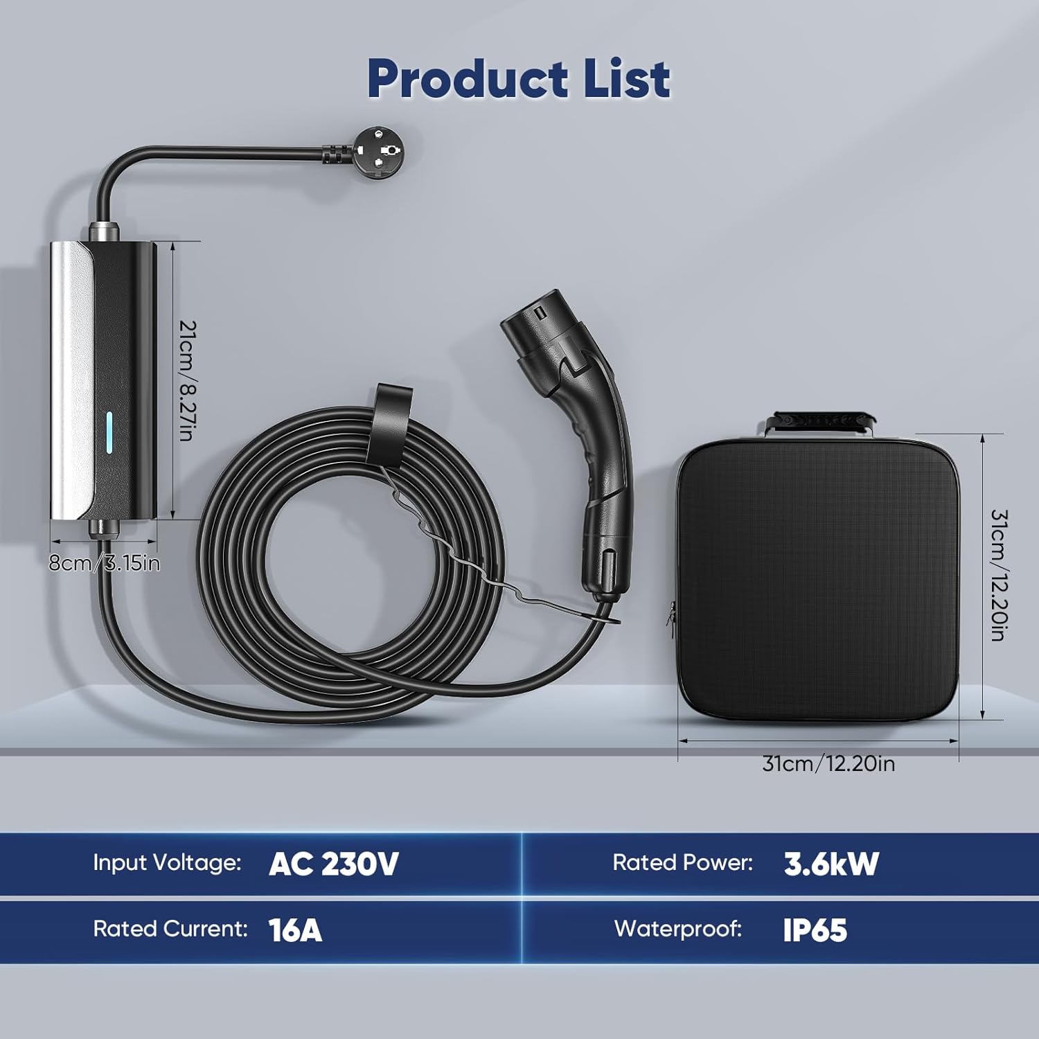 Image showing the FNRIDS charging cable, control box, and portable bag with dimensions and key specifications like input voltage, rated power, rated current, and waterproof rating.
