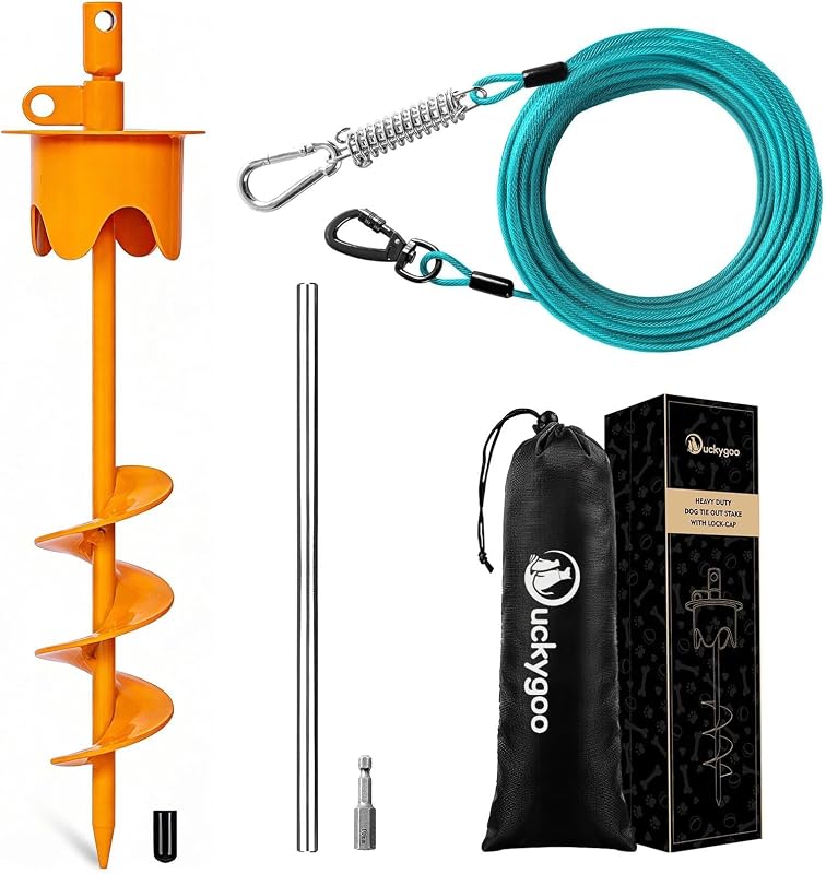 Estaca de Contenção para Cães Duckygoo LOCK-CAP com Cabo de 9,14 m, Laranja