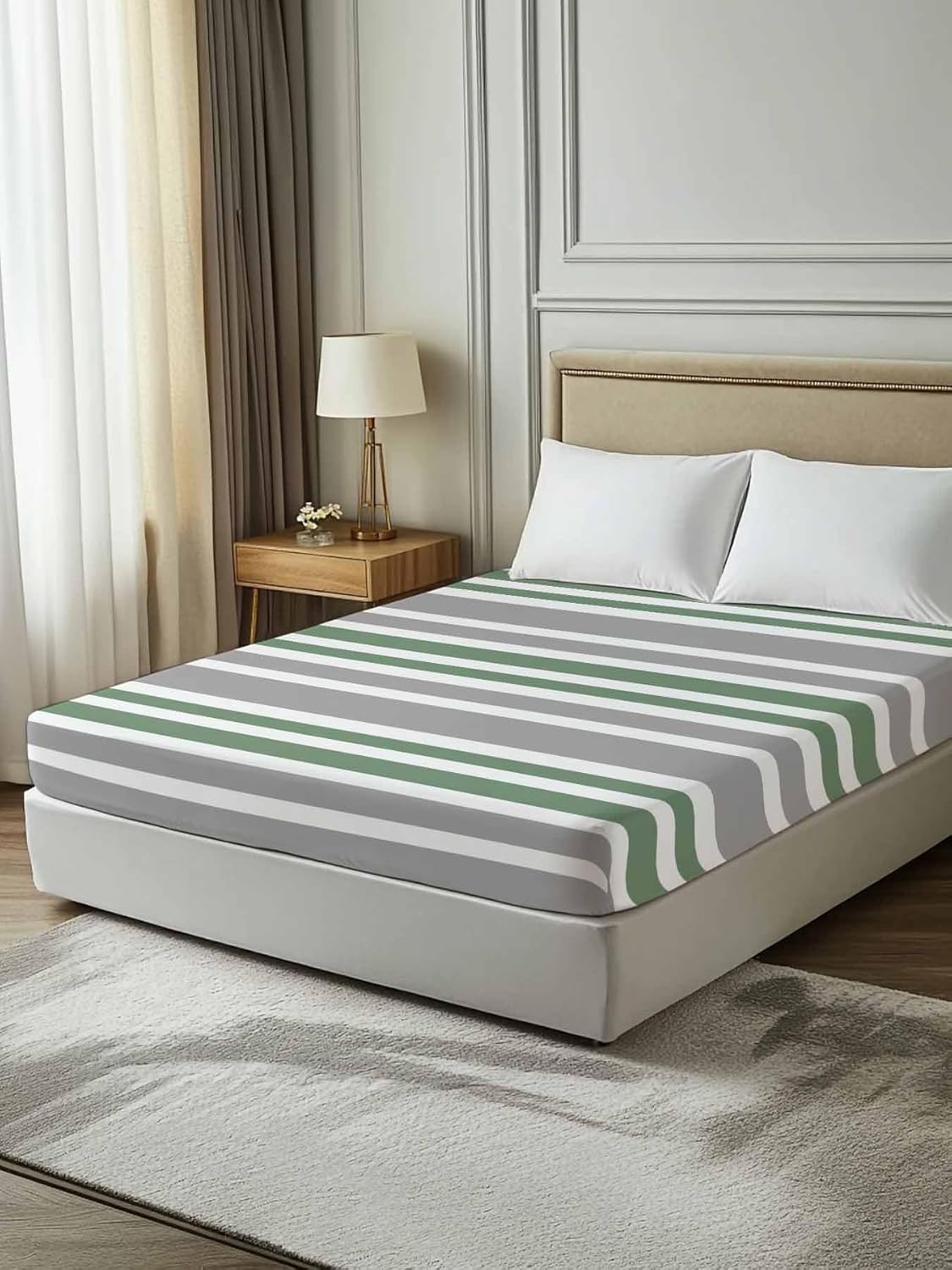 Top Sheet Full Bedding Flat Sheet Only, Sage Green Grey Horizontal Stripes Microfiber Bed Sheets Soft Breathable Bedding Flat Sheets, Monochromatic Tones Line Hotel Luxury Top Sheets
