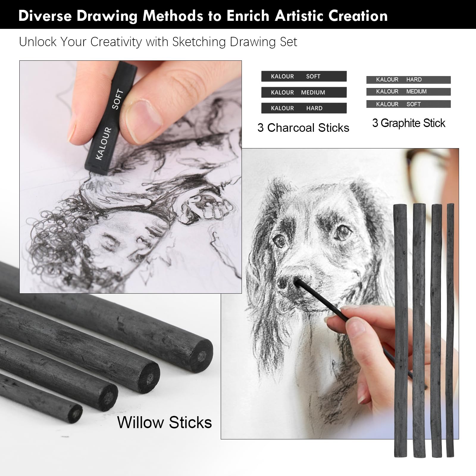 KALOUR PDAS Set di 39 matite da disegno, matite professionali da schizzo (5H-14B), matite a carboncino bianche e nere per schizzi, penne a pennello con gomma, bastoncini di carboncino, set di matite