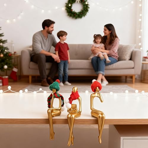 Miniatura 5 de Juego de 3 estatuas de pensador dorado para decoración del hogar, estantería escultórica y decoración de escritorio con mini sombreros de Papá Noel,