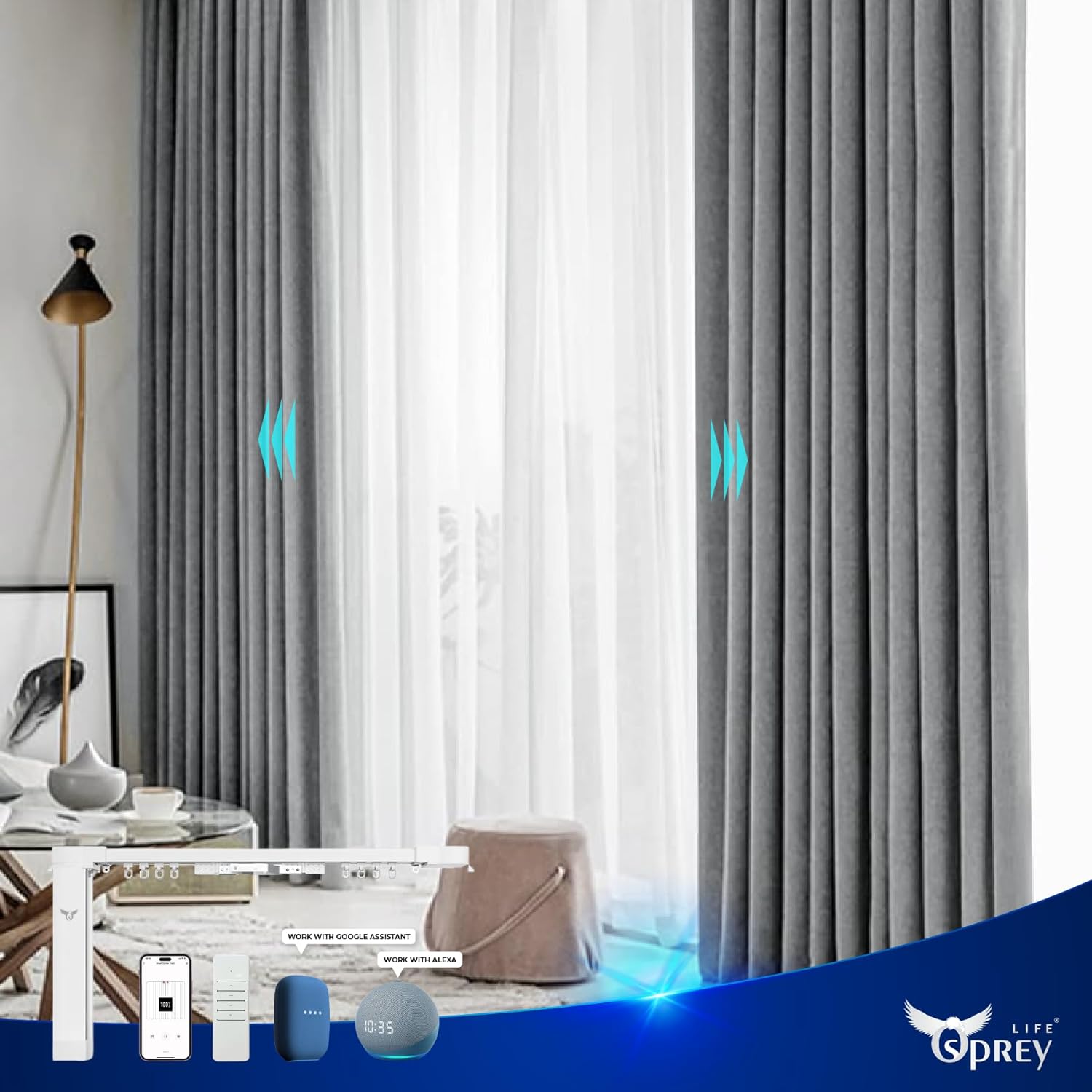 Smart curtains opening in a living room, controlled by voice assistants