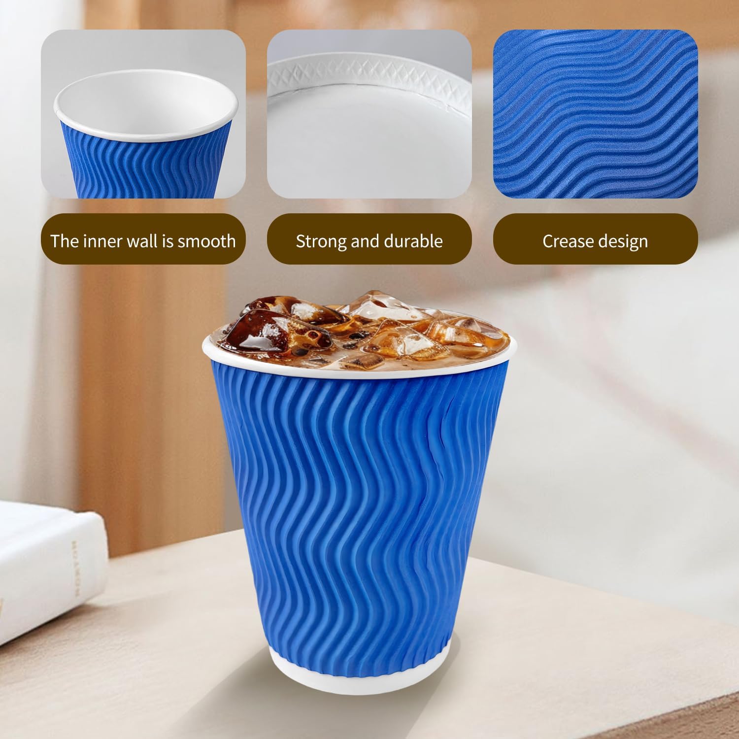 12 oz Coffee Cups 100 Count, Disposable Paper Cups 12oz, Corrugated Ripple Wall To Go Coffee Cups for Hot Beverage Party Home Office School Work Morning Coffee Bar, Blue - Image 4