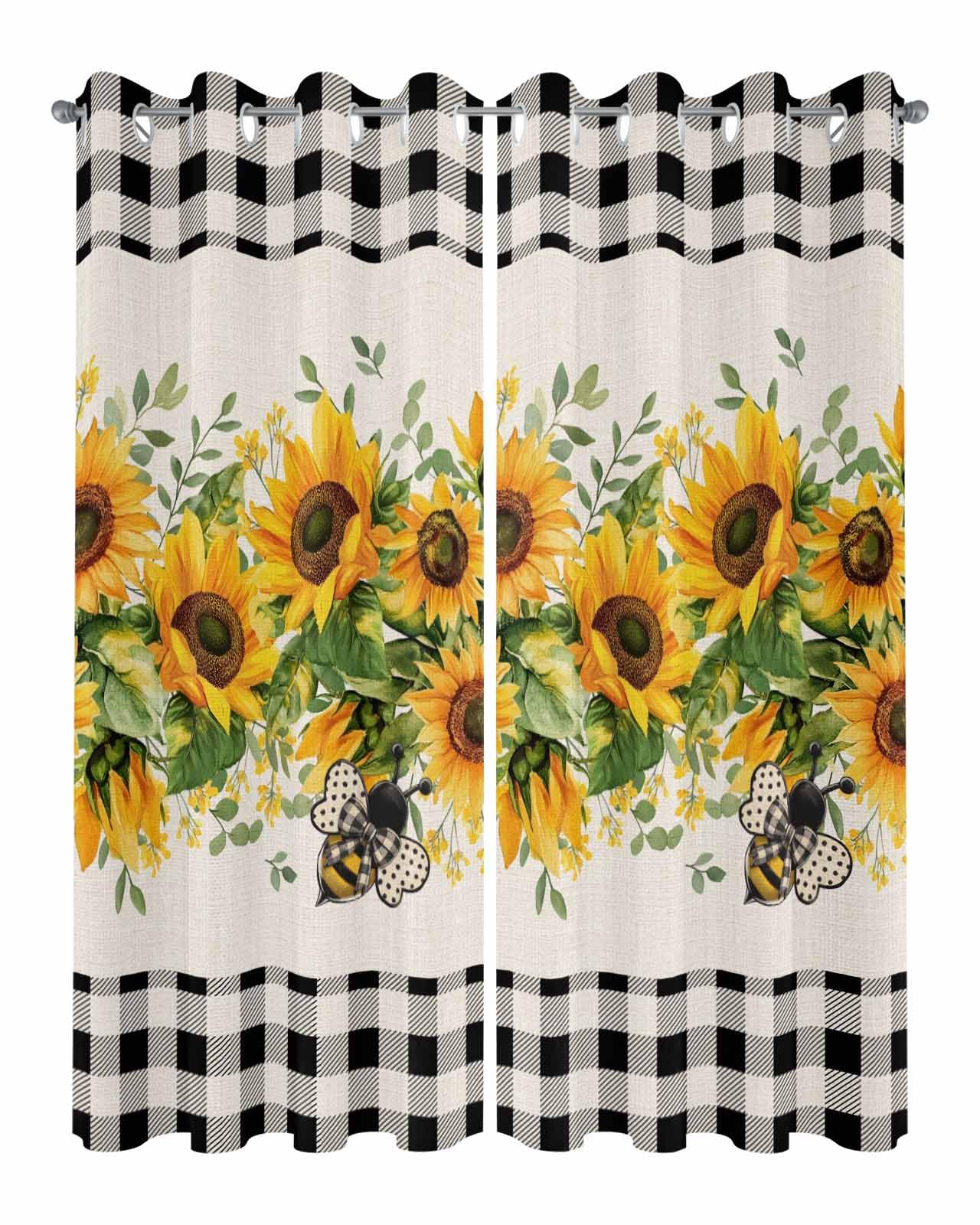 Waterproof Outdoor Curtains for Patio Porch, Buffalo Plaid Summer Sunflower Grommet Curtain Panel Windproof Outside Curtains Tieback, Pastoral Wild Flower Bee Weighted Window Treatment Drapes