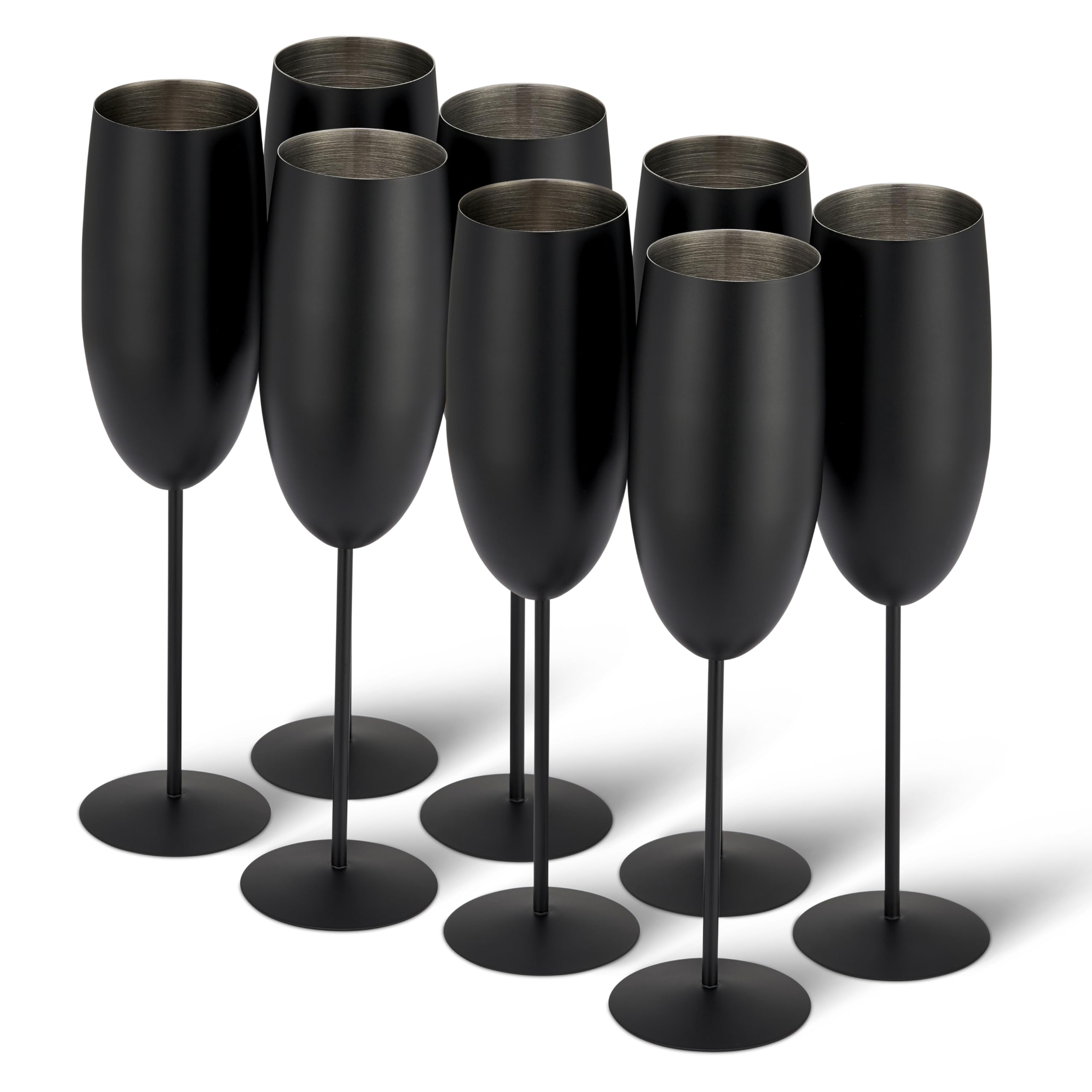 Oak & Steel - 8 Elegant Stainless Steel Black Matte Champagne Prosecco Flute Cocktail Glasses, 285ml - Unbreakable Glass Gift Set for Mothers Day Wedding Anniversary Birthday Party — image 1