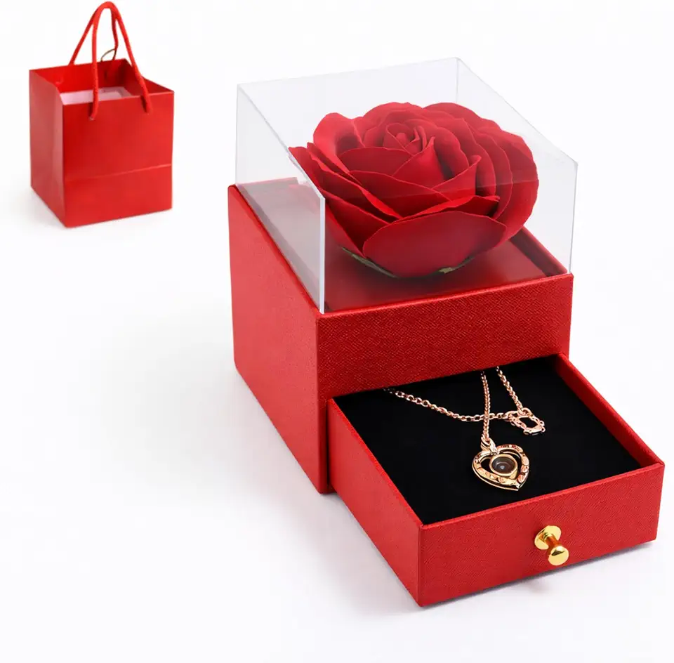 Caixa Presente Mulher Mãe Namorada Porta Joia Rosa Vermelha Gaveta com Colar e Pingente