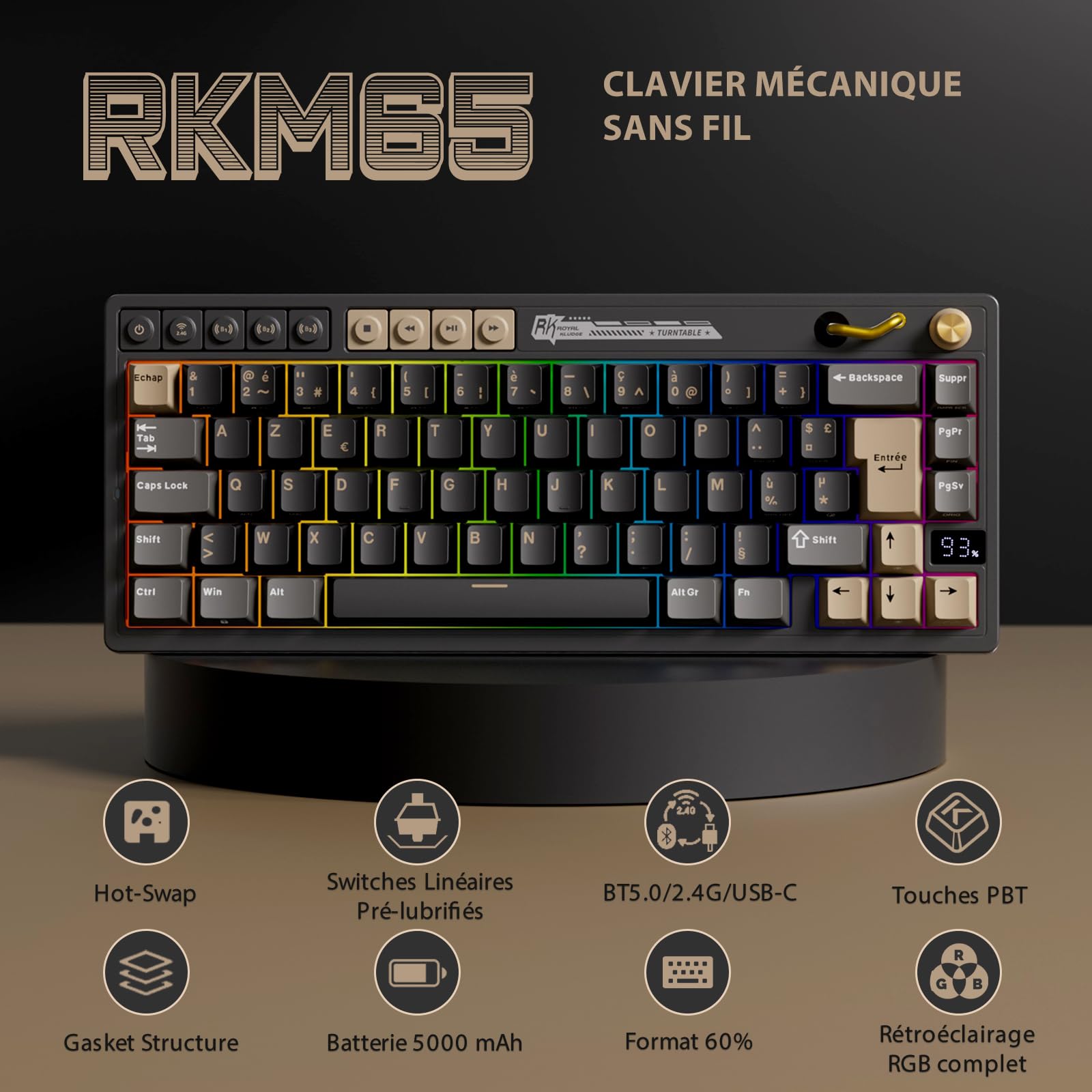RK ROYAL KLUDGE M65 Clavier Mécanique 60% Compact - Triple Connexion (Bluetooth/2.4G/USB-C), Clavier azerty sans Fil RVB, Hot-Swap, Bouton, Batterie 6000mAh, PBT keycaps, Creamy Switch