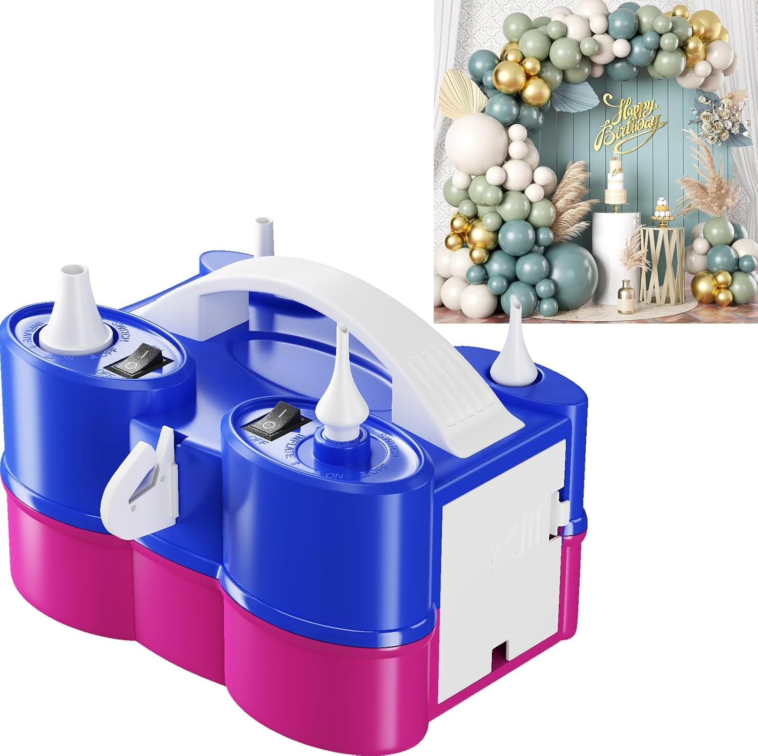 Electric Balloon Pump with Sage Green Blue Balloon Arch Kit, Portable Air Pump for Latex 260q Foil Balloons, Dual Nozzle Balloon Blower Machine for Party Decoration, Balloon Inflator Deflator