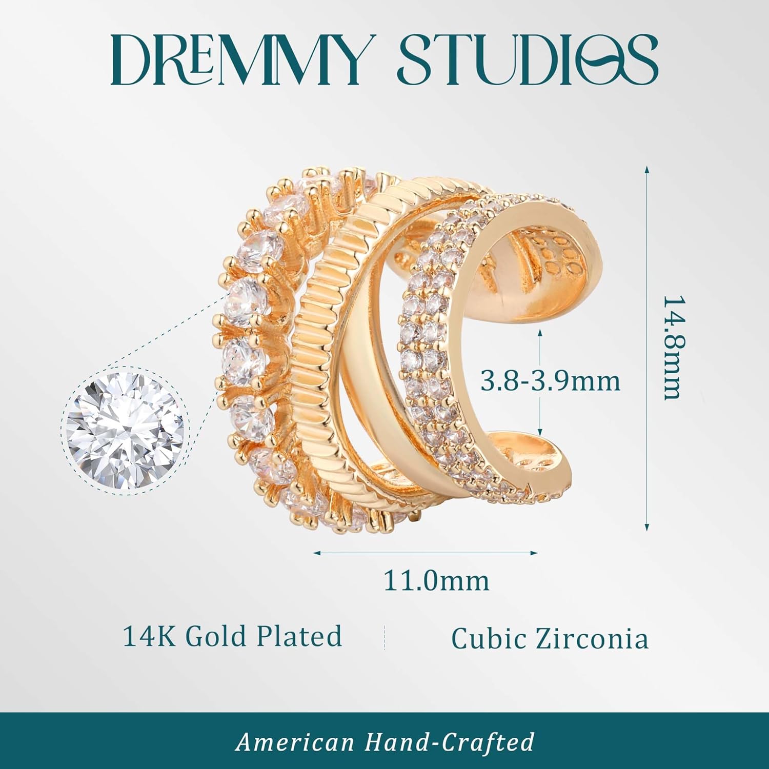 DREMMY STUDIOS Women Ear Cuff Non Piercing | 14K Gold Plated Cubic Zirconia Fake Earrings Wrap Clip on Cartilage Earring | Lightweight Hypoallergenic Jewelry SINGLE EAR CUFF - Image 6