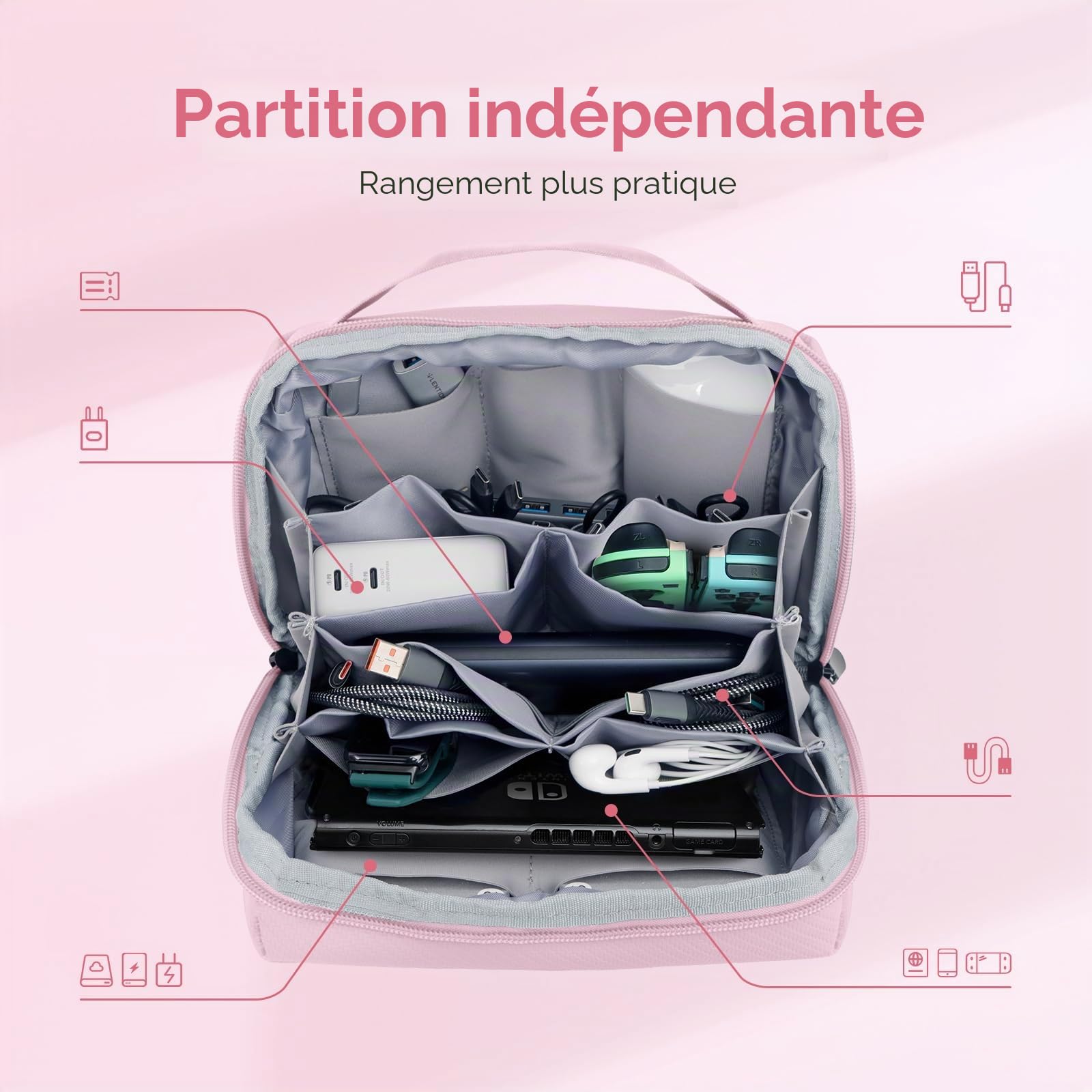 LENTION Sac de Rangement Câble, Pochette Câble de Voyage, Organisateur Électronique, Tech Pouch pour Accessoires Techniques USB Câbles, Chargeur, Batterie Externe, Carte SD, Objets Quotidiens (Rose)