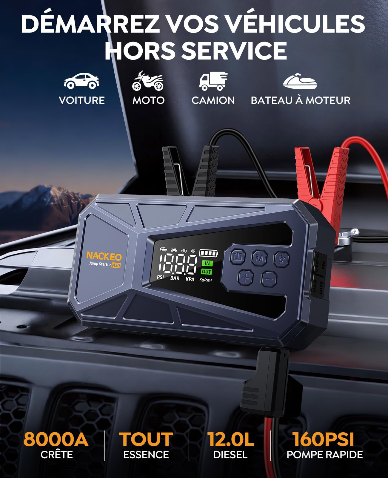 Booster Batterie Voiture 8000A avec Compresseur 160PSI, 12V Booster Voiture Portable (Essence & Diesel 12L), Démarreur Batterie Voiture avec Écran LCD,Eclairage de Secours,Banque d'alimentation
