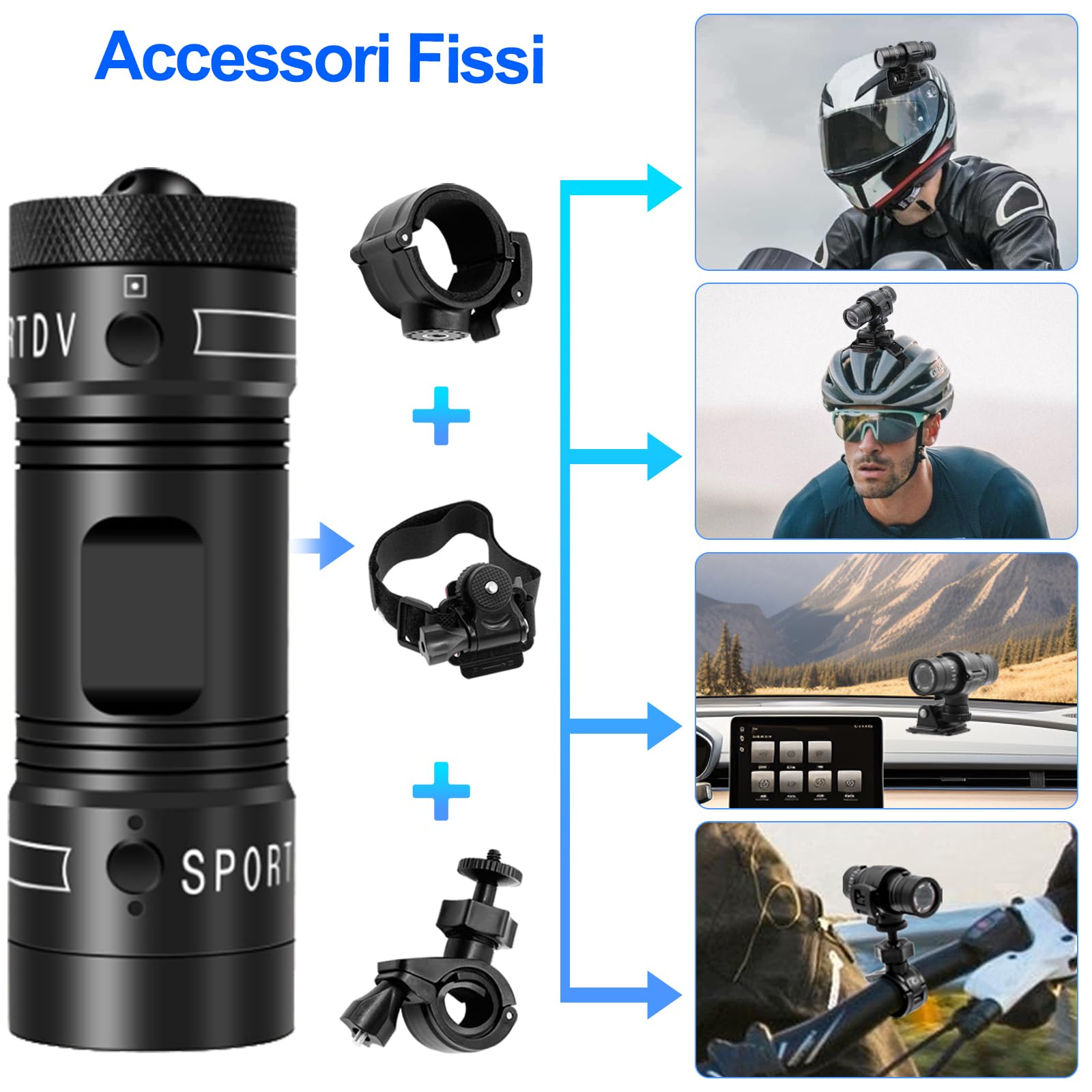 Dashcam Moto 1080P Grandangolo IP63, Action Cam per Moto & Bici | 5h batteria, 12MP foto, 3 supporti (casco/moto/bici), loop, 256GB SD