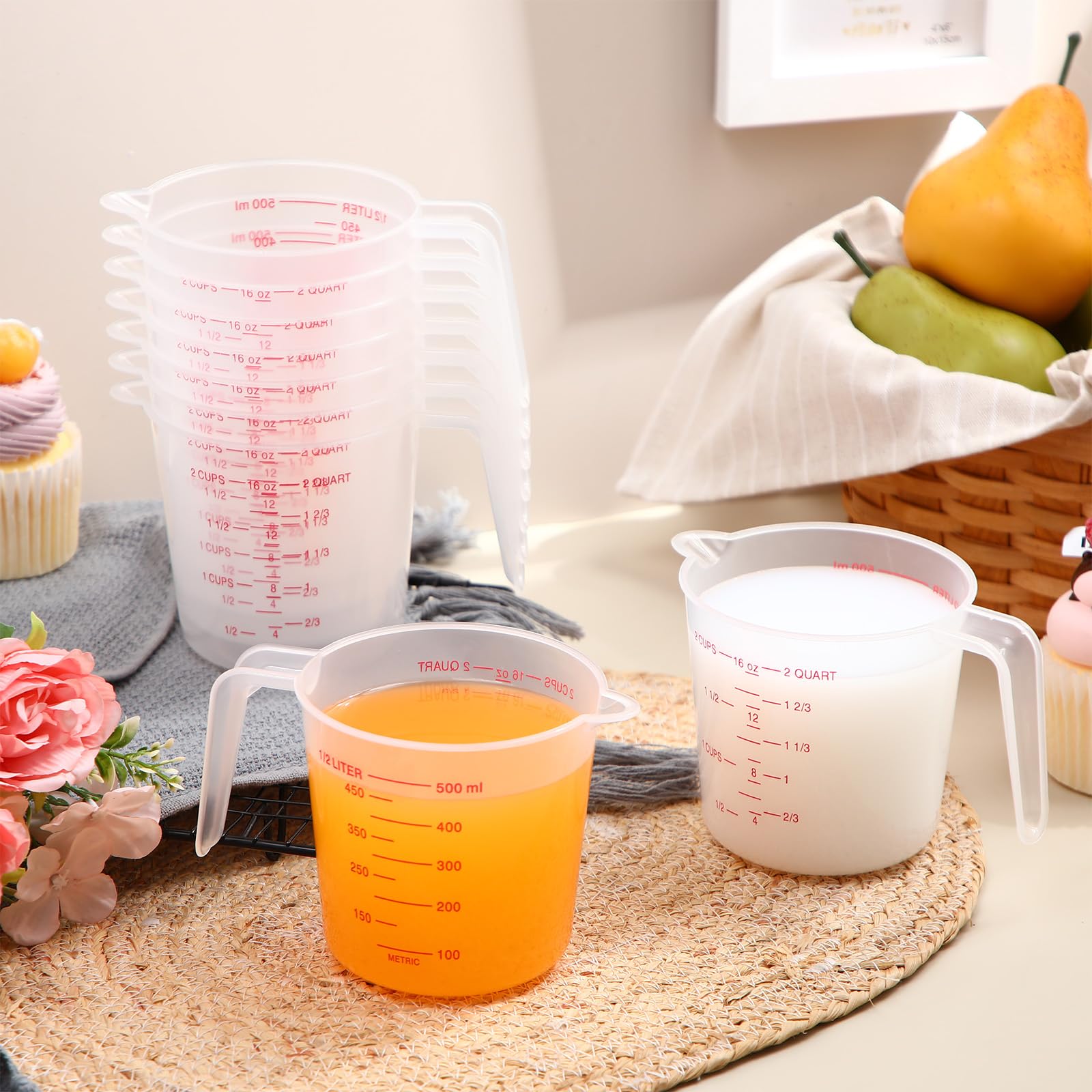 Kanayu Lot de 36 tasses à mesurer en plastique transparent avec bec verseur et poignée, capacité de préhension, pichet gradué transparent pour farine, eau, liquides de cuisine (rouge, 473,6 g, 2