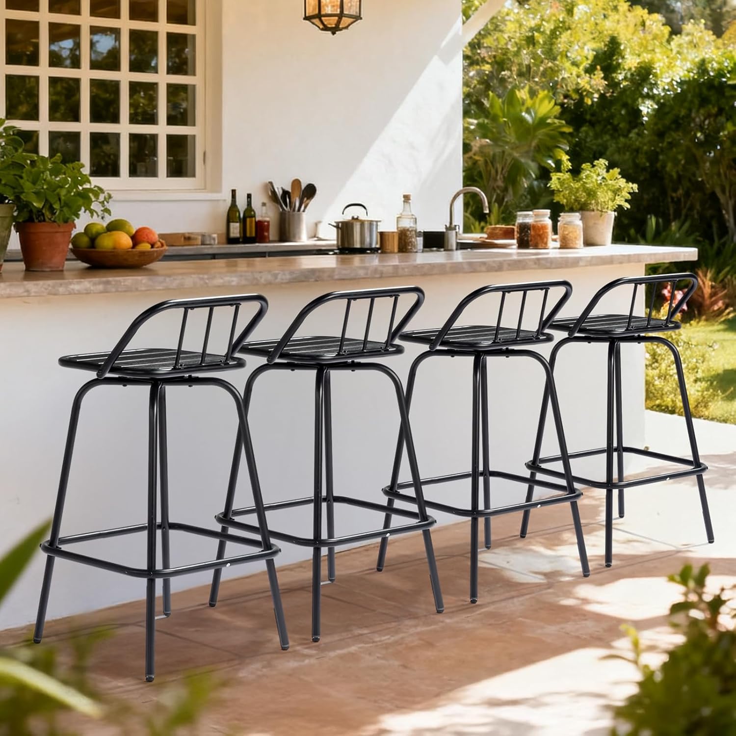 VINGLI 2 PCS Outdoor Swivel Bar Stools, 30 Inch Metal Barstools with Backrest & Footrest, 360° Rotating All-Weather Stools for Garden, Balcony, Kitchen Island (Black)
