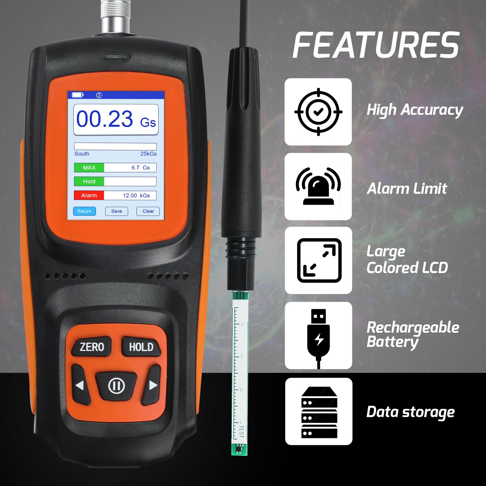 Digitales Tesla-Meter Handheld-Gaussmeter Oberflächen-Magnetfeldtester 0~2500 mT Hochsensitiver Hall-Sensor Gauss-Meter HD-TFT-Display mT/Gs-Messung
