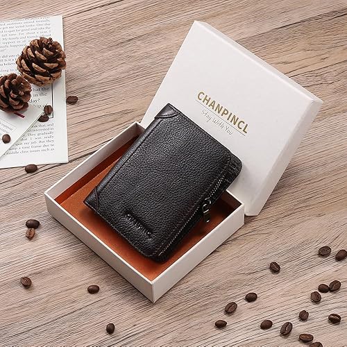 Miniatura 5 de Cartera de cuero con cremallera para hombre con bloqueo RFID con 8 ranuras para tarjetas, 2 bits de fotostarjetas de identificación, 2 ranuras