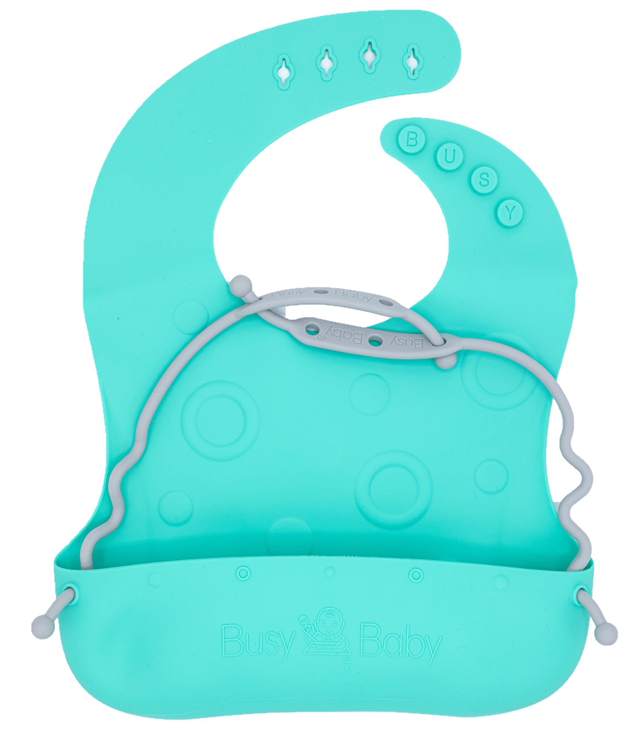 BUSY BABY Bungee Bib – Adjustable Silicone Bib with Pocket & Tether System for Mess-Free Meals with Babies & Toddlers